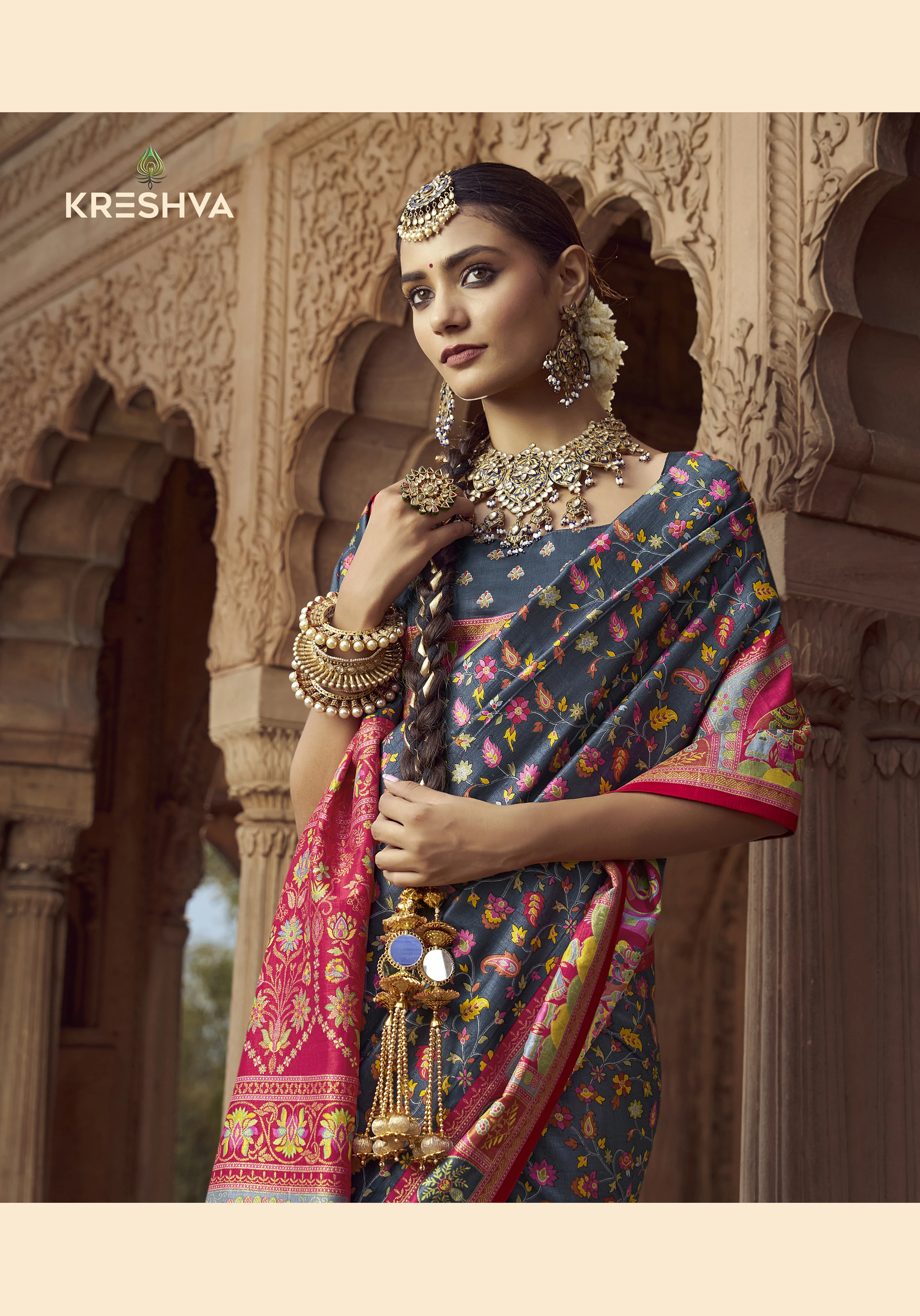 Charcoal Grey Heritage Pashmina Printed Saree with Pink Border & Traditional Motifs - Image 3