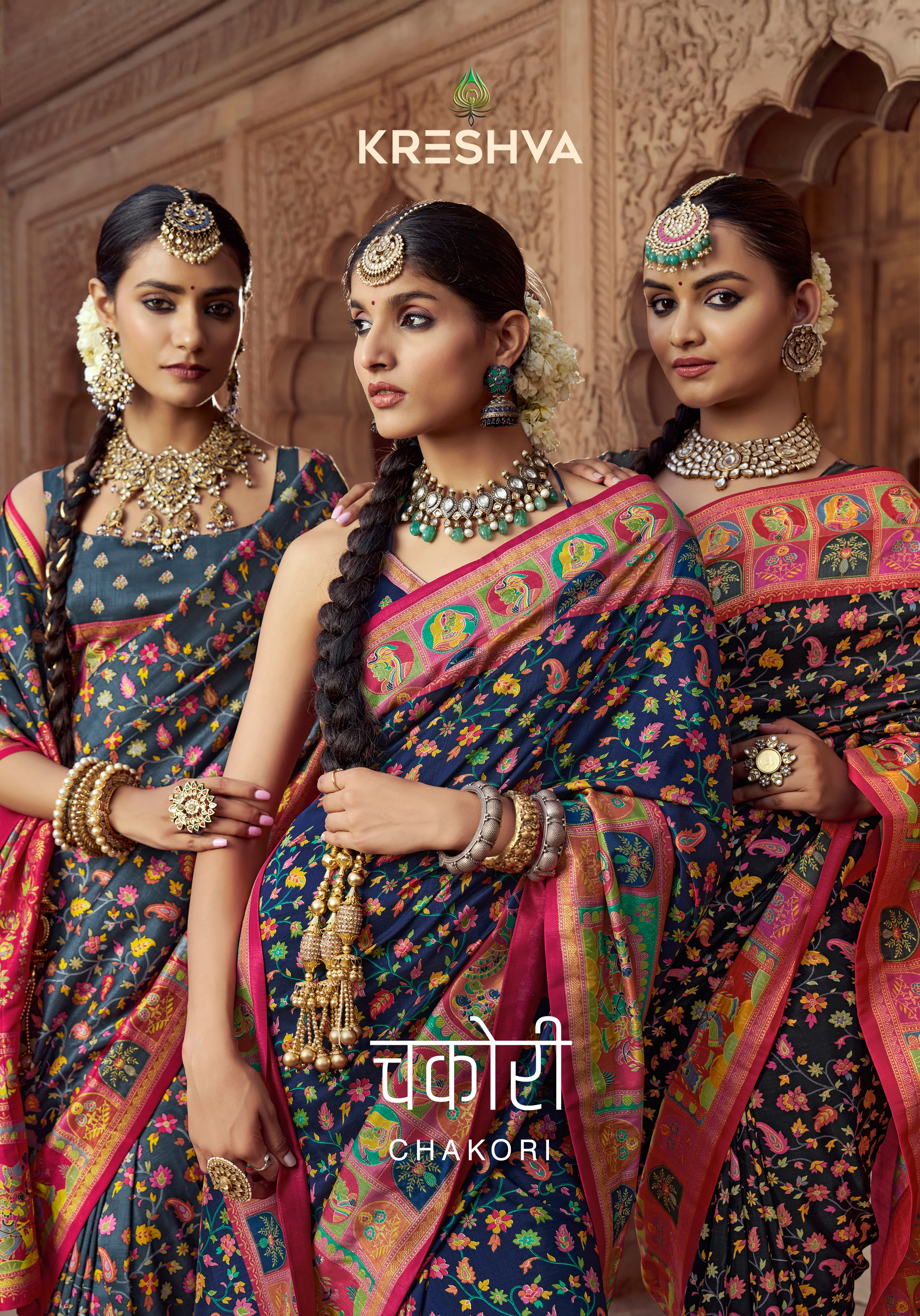 Charcoal Grey Heritage Pashmina Printed Saree with Pink Border & Traditional Motifs - Image 4