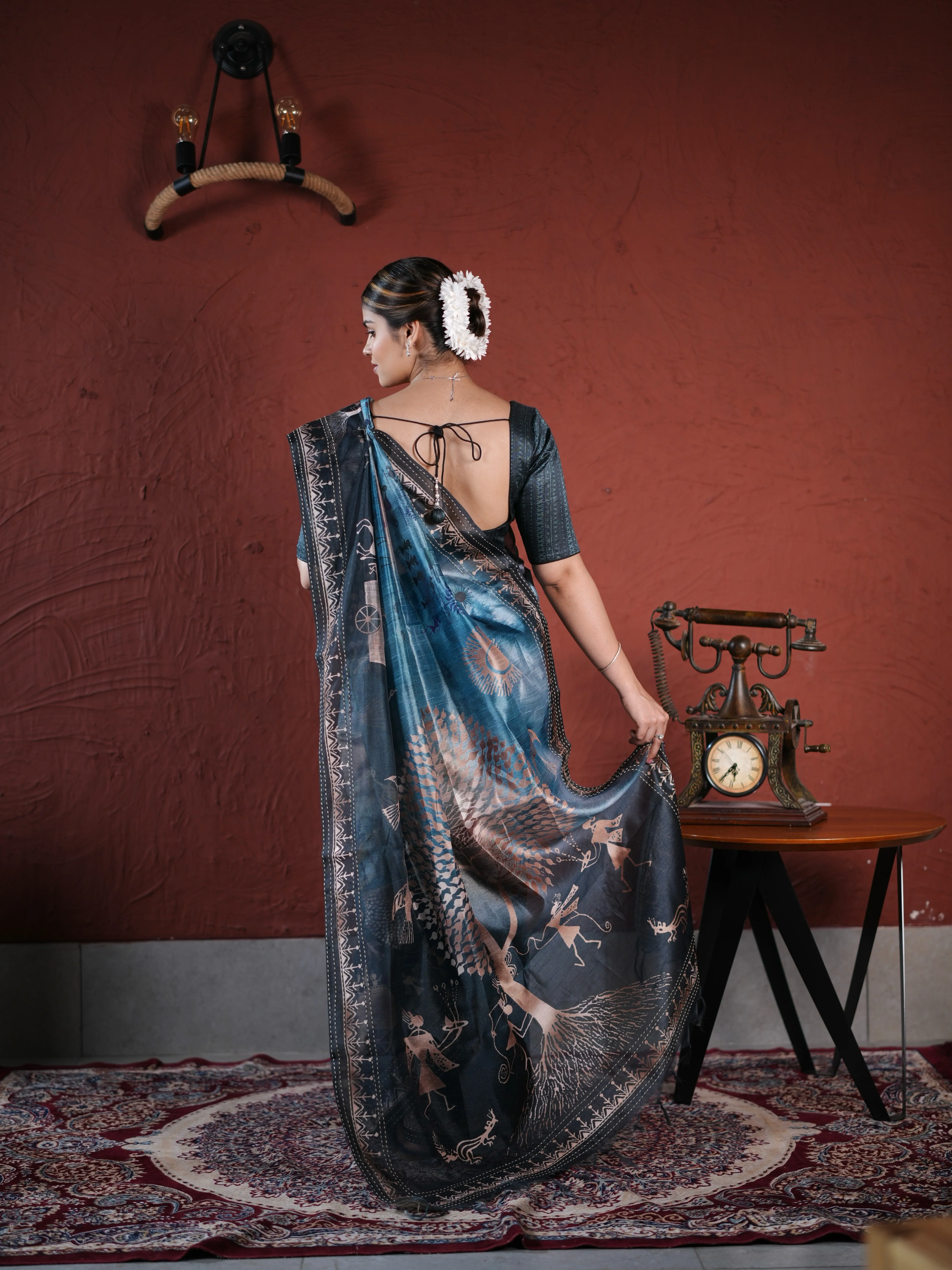 Charcoal Grey PV Cotton Khadi Saree with Warli Art Tribal Print and Unstitched Blouse - Image 3