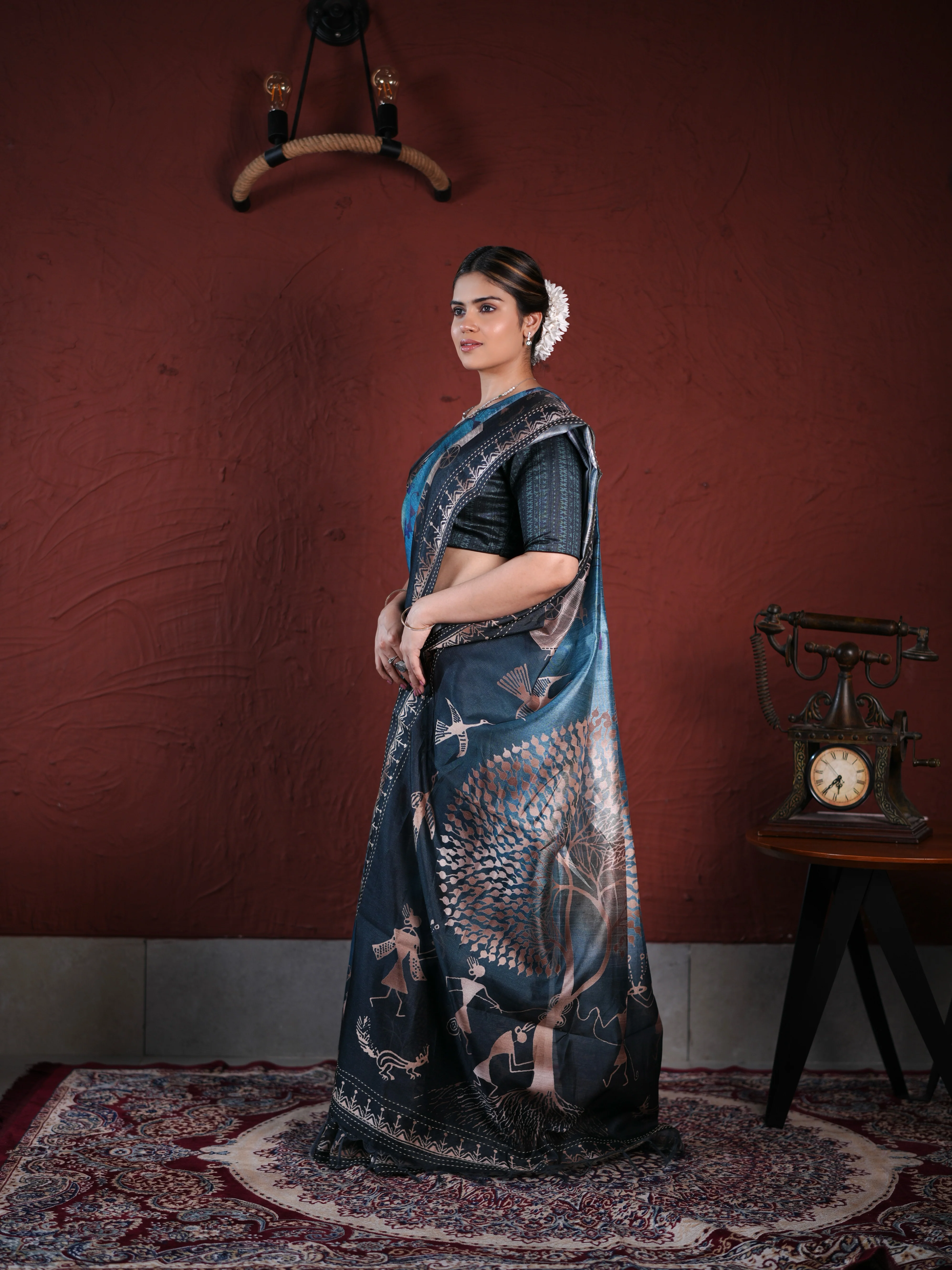 Charcoal Grey PV Cotton Khadi Saree with Warli Art Tribal Print and Unstitched Blouse - Image 4