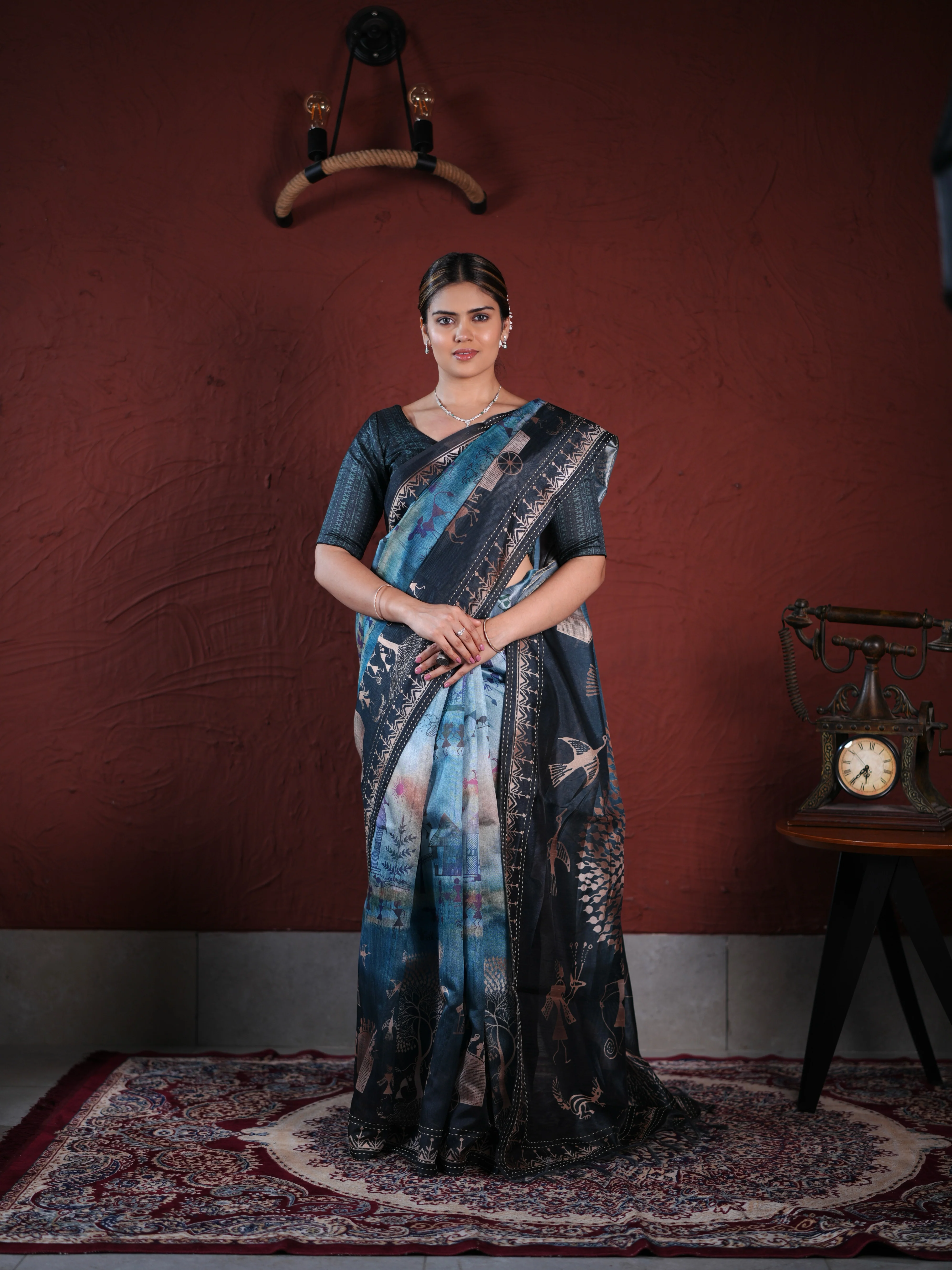 Charcoal Grey PV Cotton Khadi Saree with Warli Art Tribal Print and Unstitched Blouse - Image 5