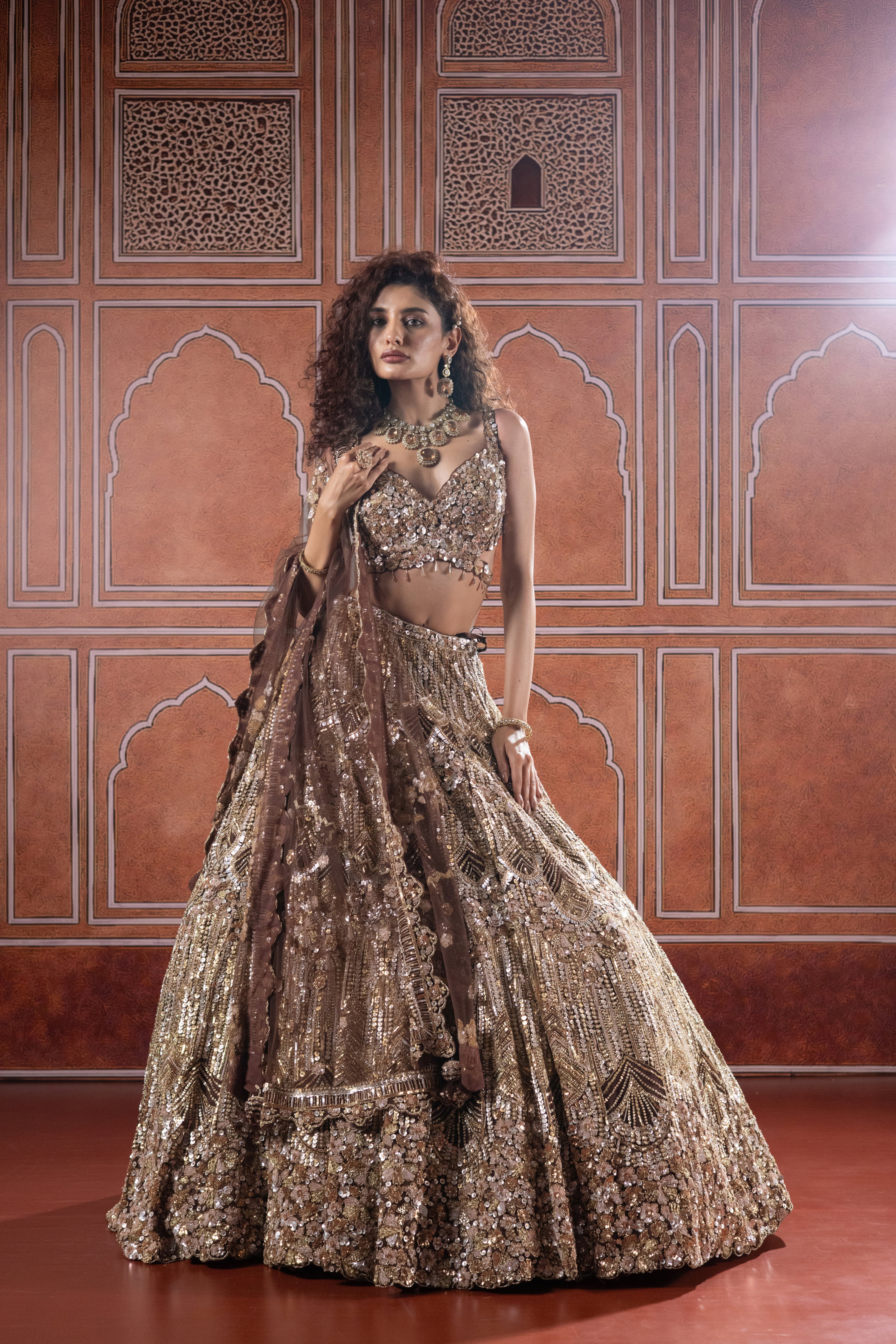 Chocolate Bronze Designer Bridal Lehenga with Heavy Sequin Embroidery - Image 5
