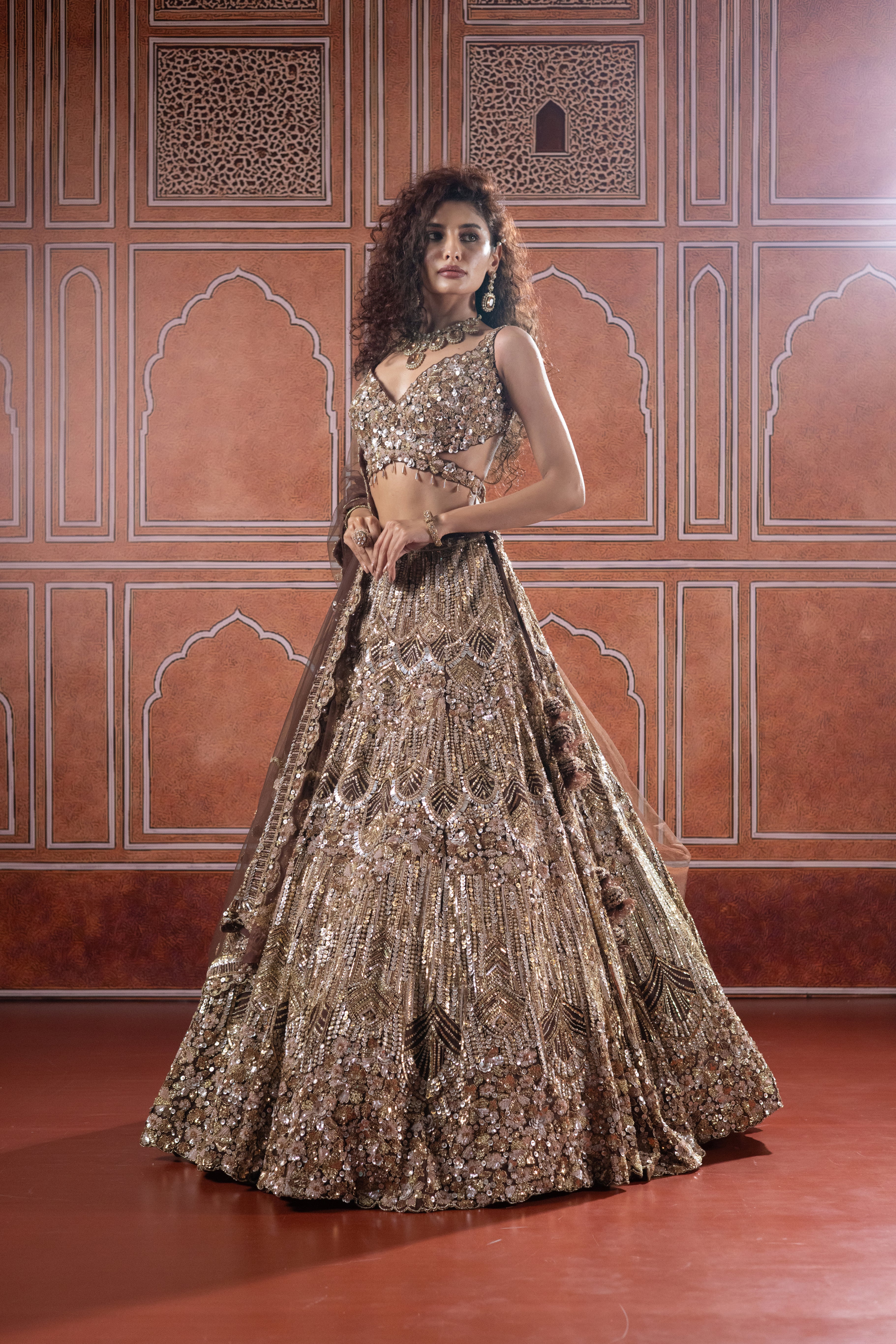 Chocolate Bronze Designer Bridal Lehenga with Heavy Sequin Embroidery - Image 6