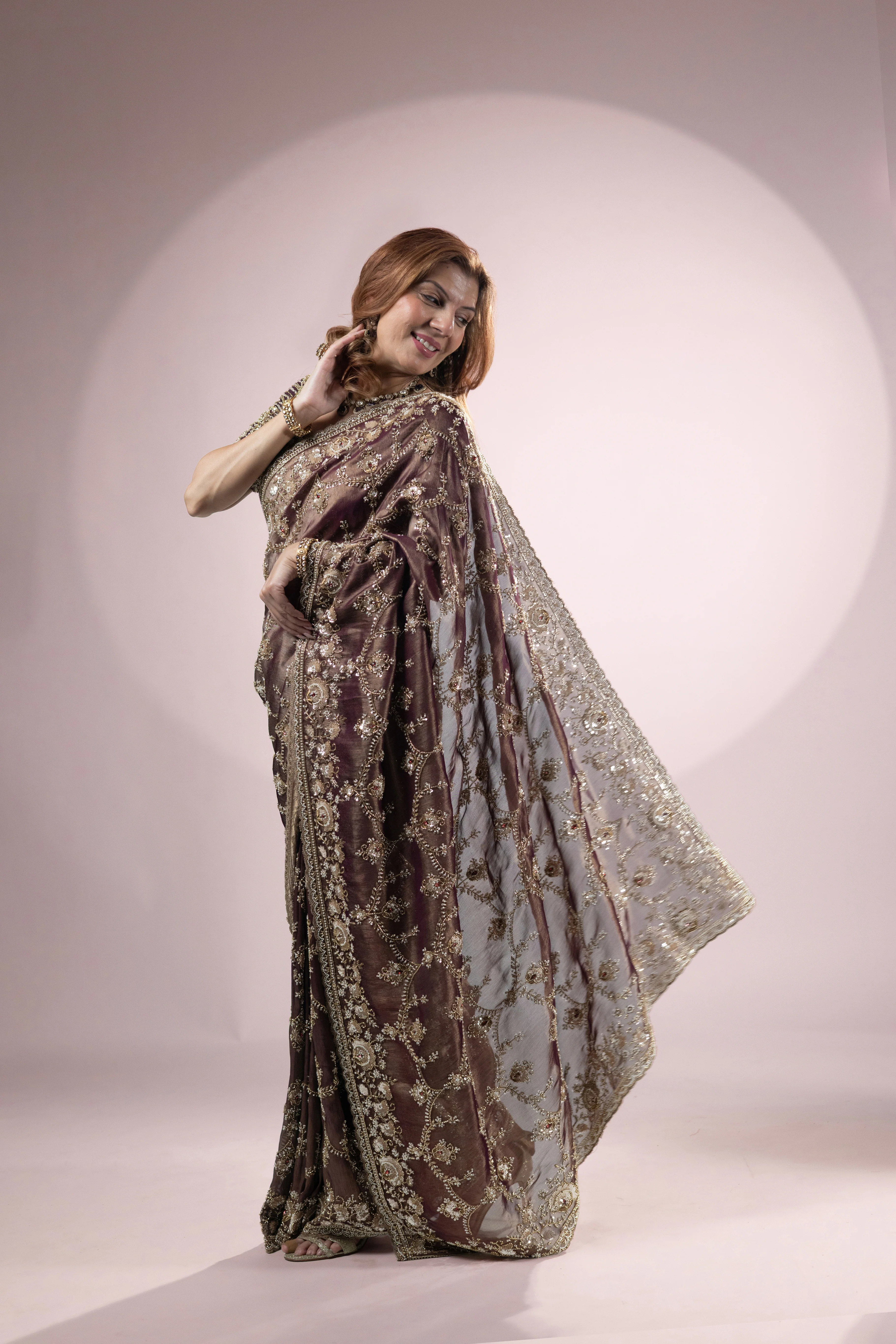 Chocolate Brown Designer Silk Saree with Heavy Zari Embroidery - Image 4