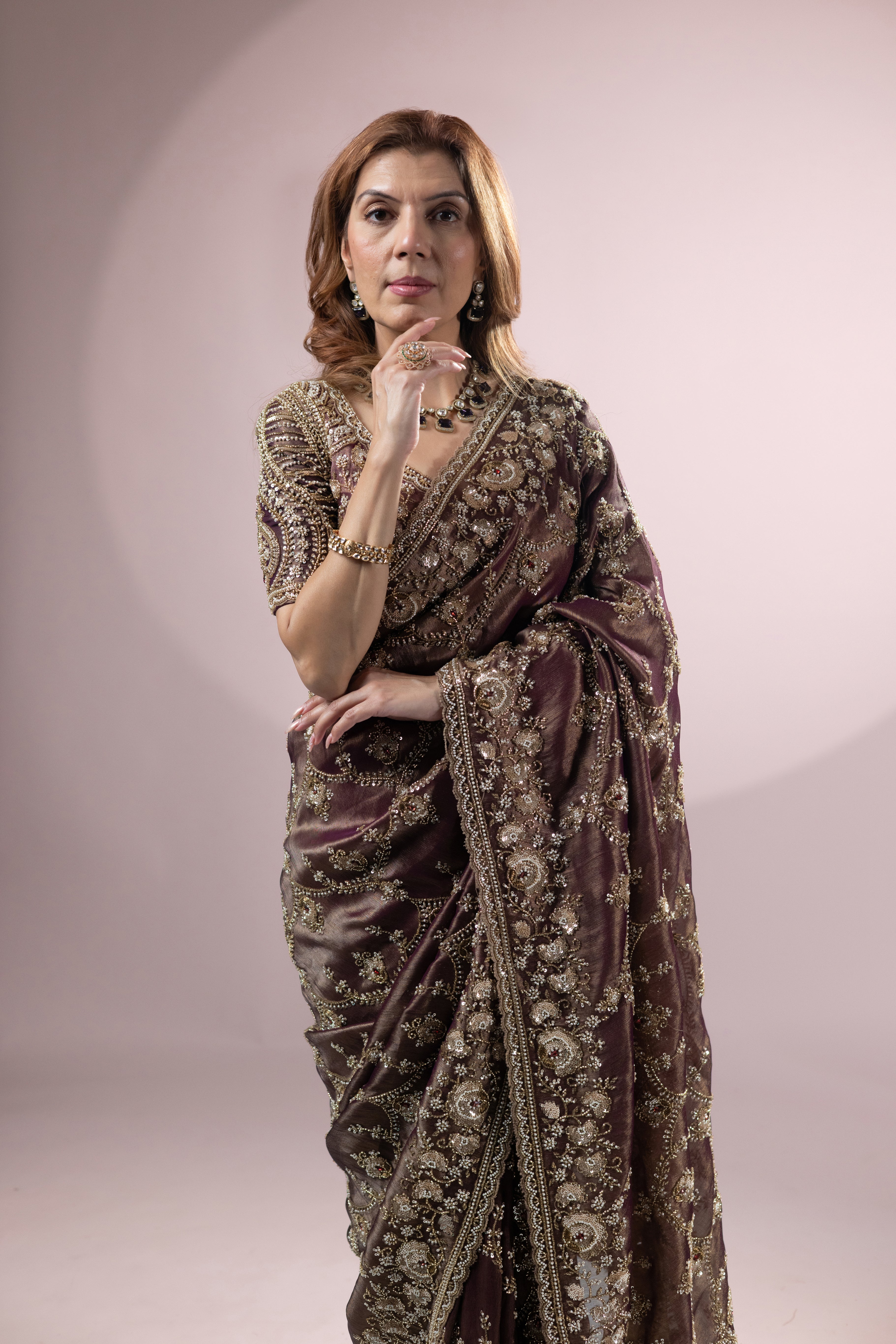 Chocolate Brown Designer Silk Saree with Heavy Zari Embroidery - Image 5