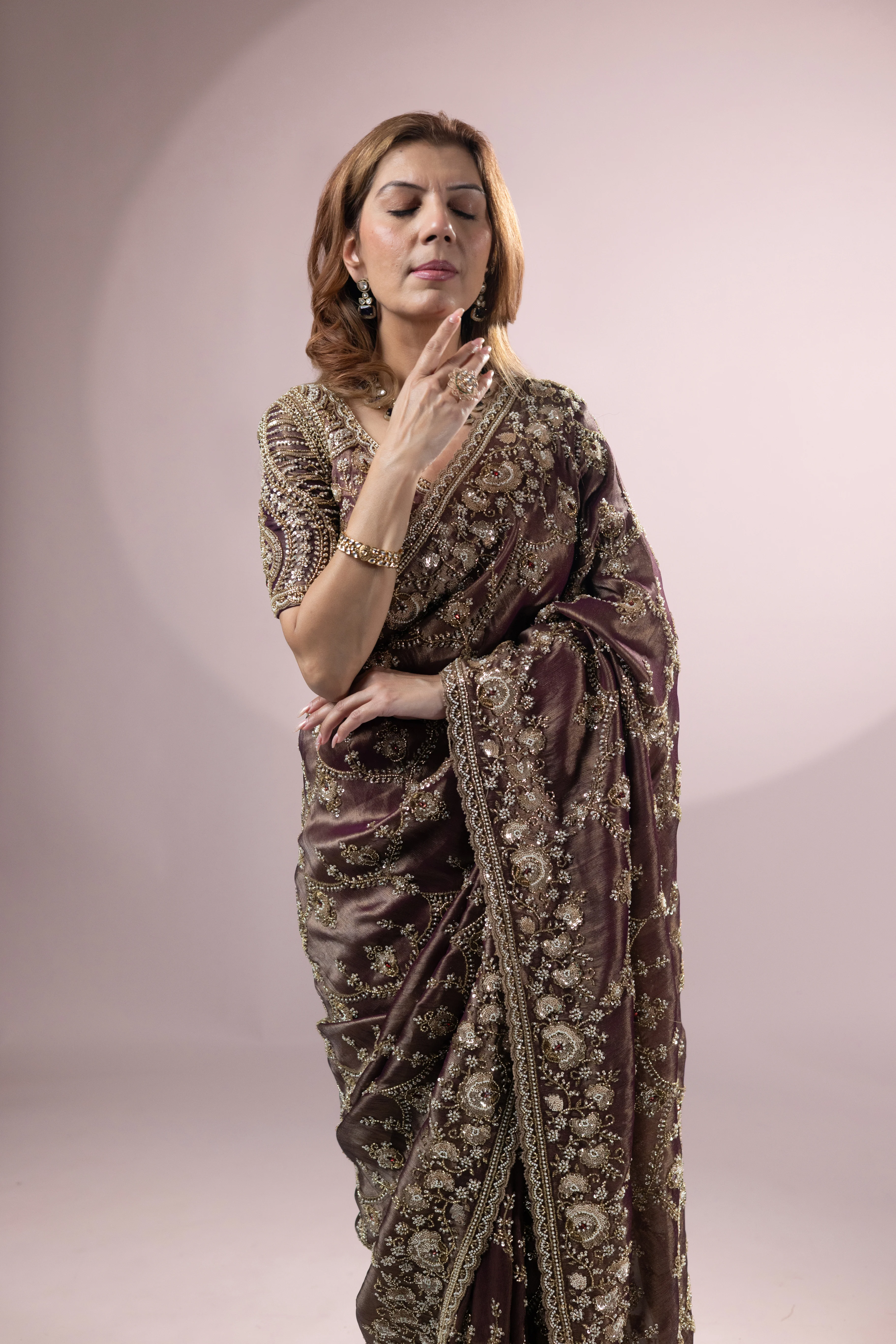 Chocolate Brown Designer Silk Saree with Heavy Zari Embroidery - Image 6