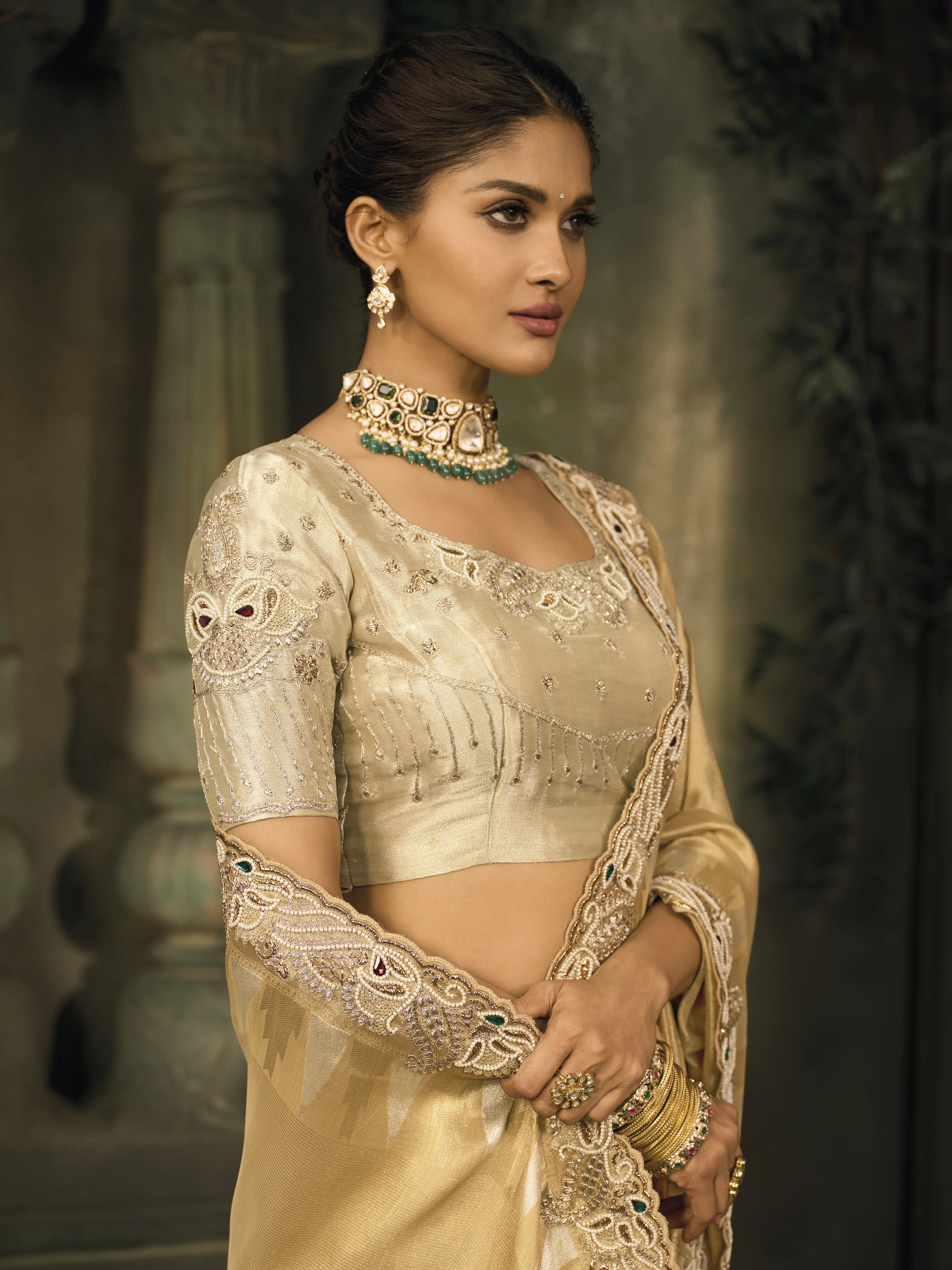 Classic Beige Gold Silk Saree with Elegant Embroidery Border - Image 2