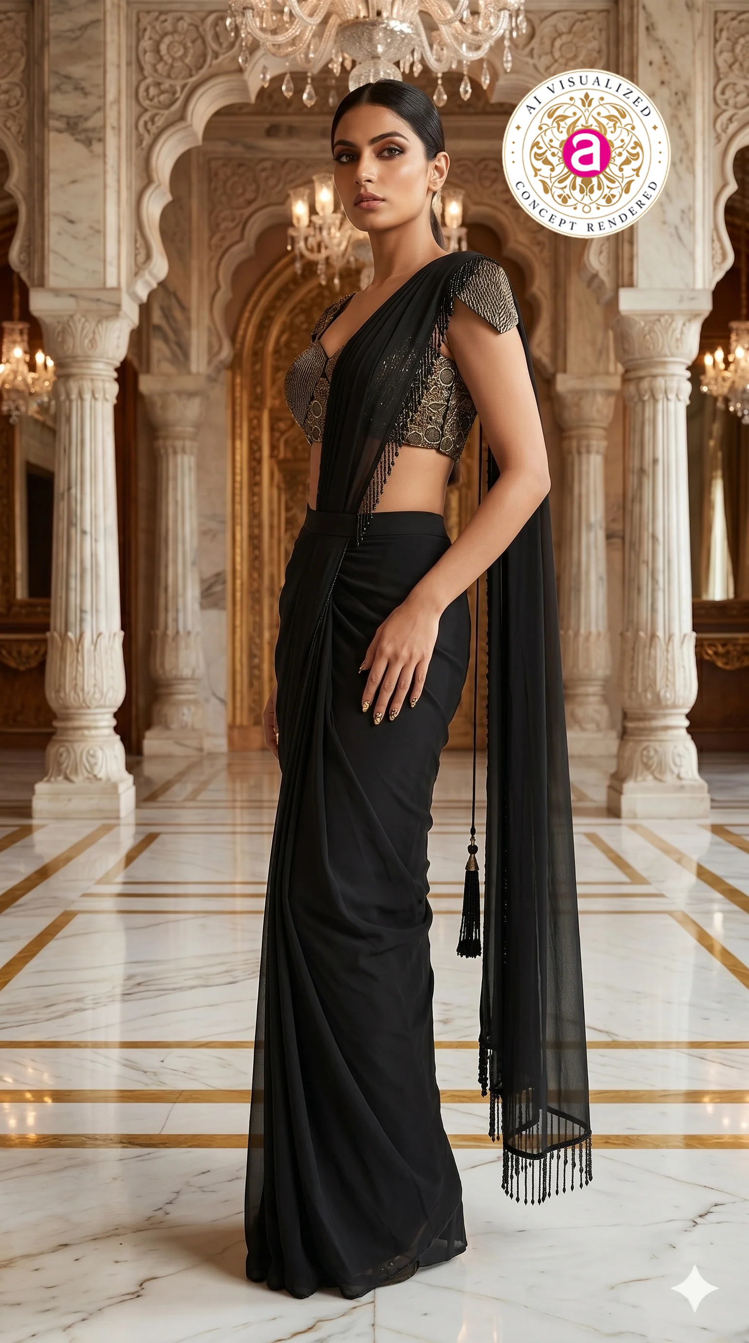 Classic Black Designer Saree with Statement Embellished Blouse & Tassel Pallu - Image 3