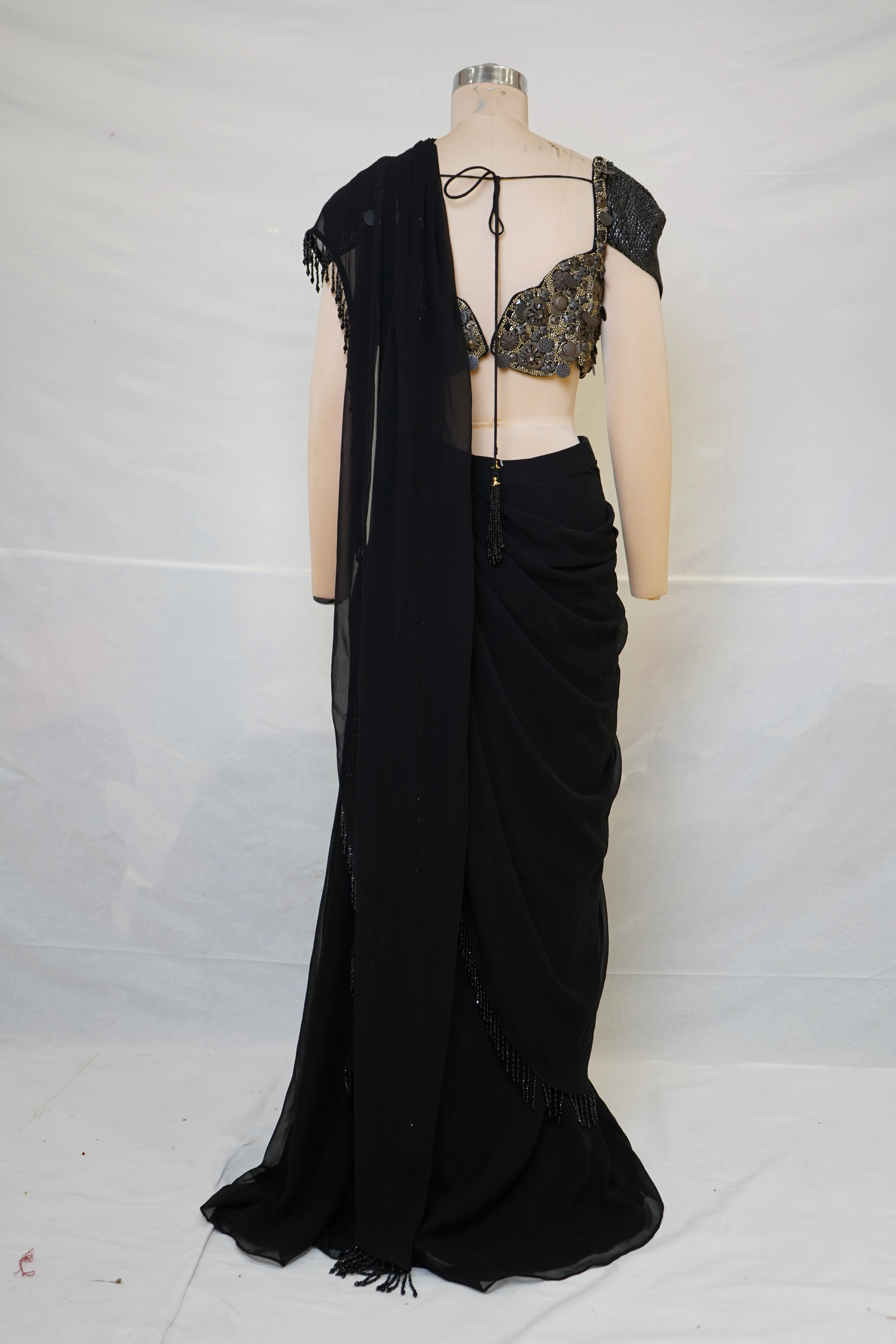 Classic Black Designer Saree with Statement Embellished Blouse & Tassel Pallu - Image 7