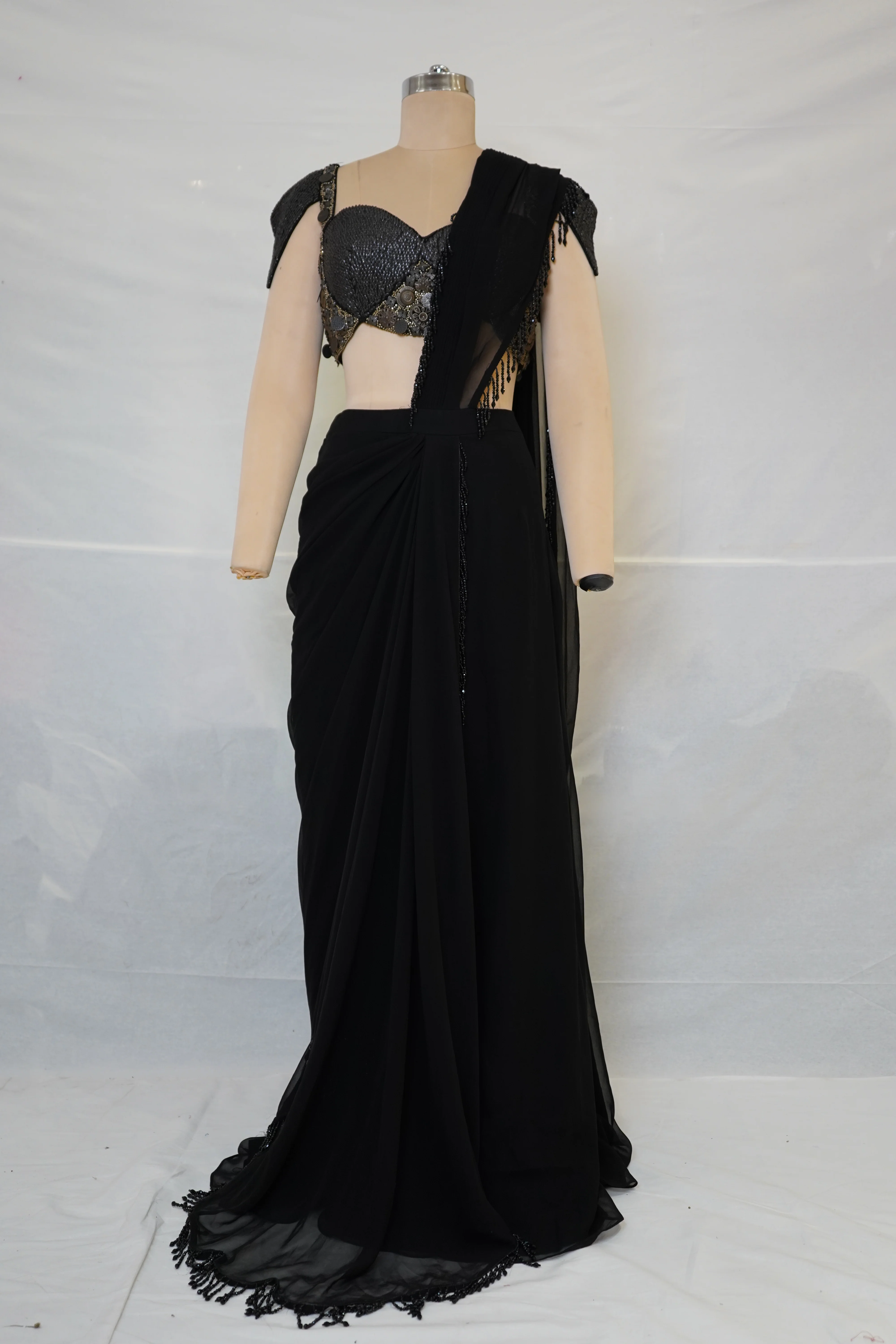 Classic Black Designer Saree with Statement Embellished Blouse & Tassel Pallu - Image 8