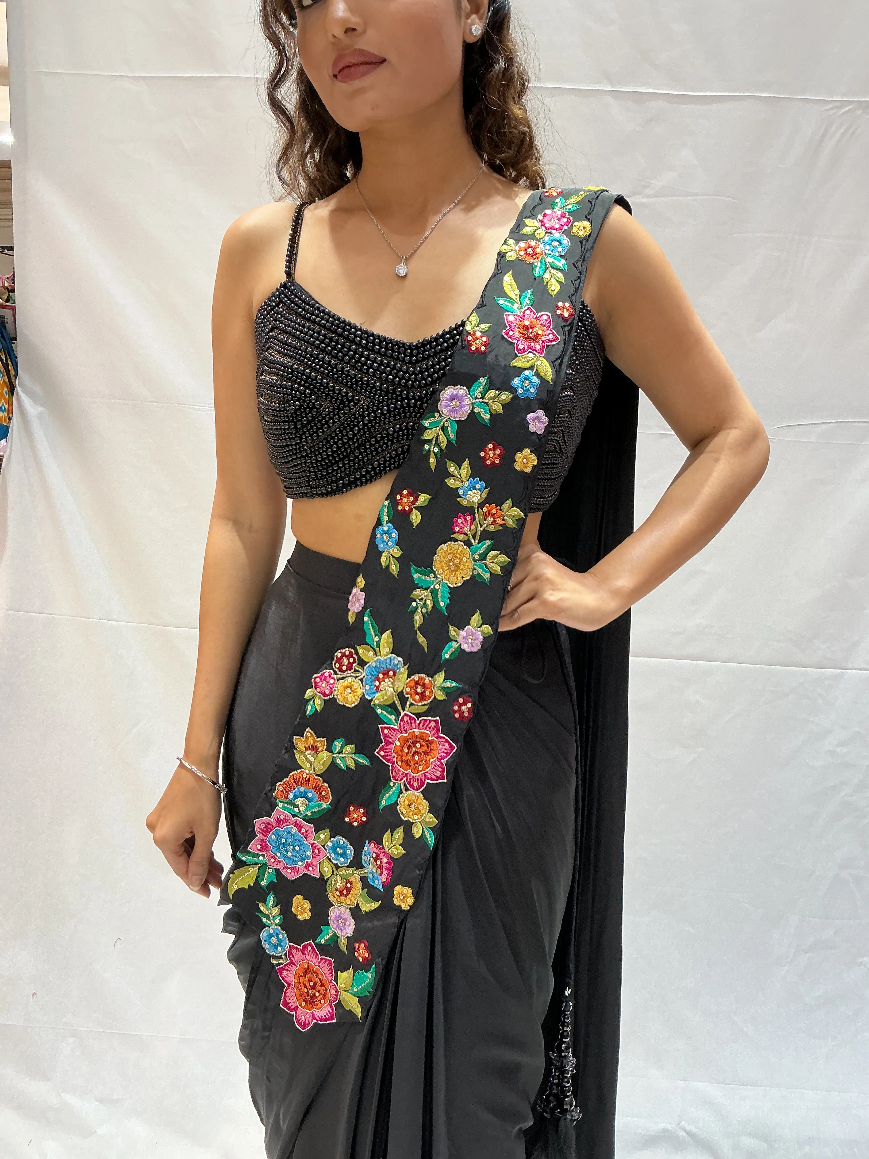 Classic Black Multicolor Floral Embroidered Designer Saree - Image 2
