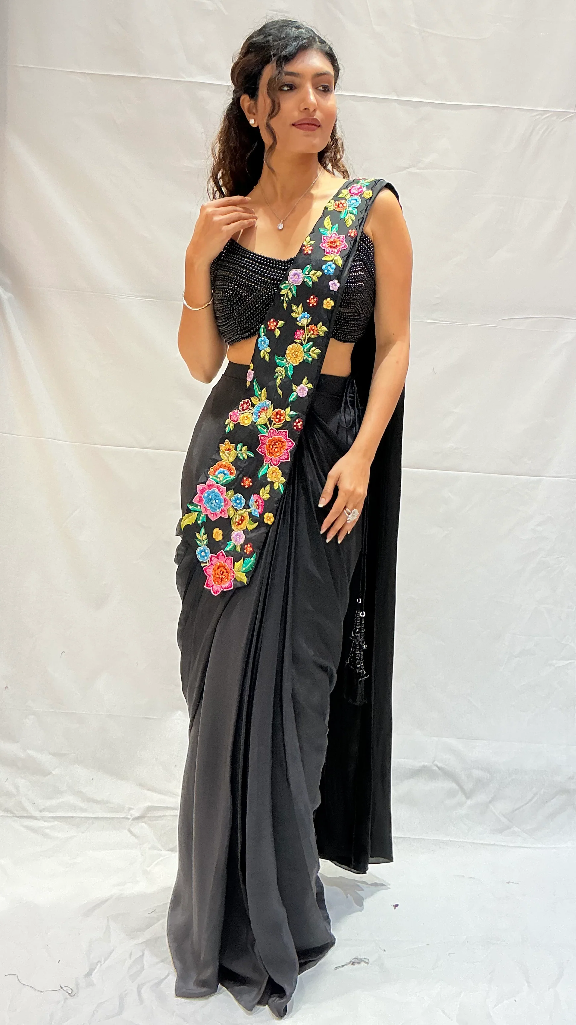 Classic Black Multicolor Floral Embroidered Designer Saree - Image 3