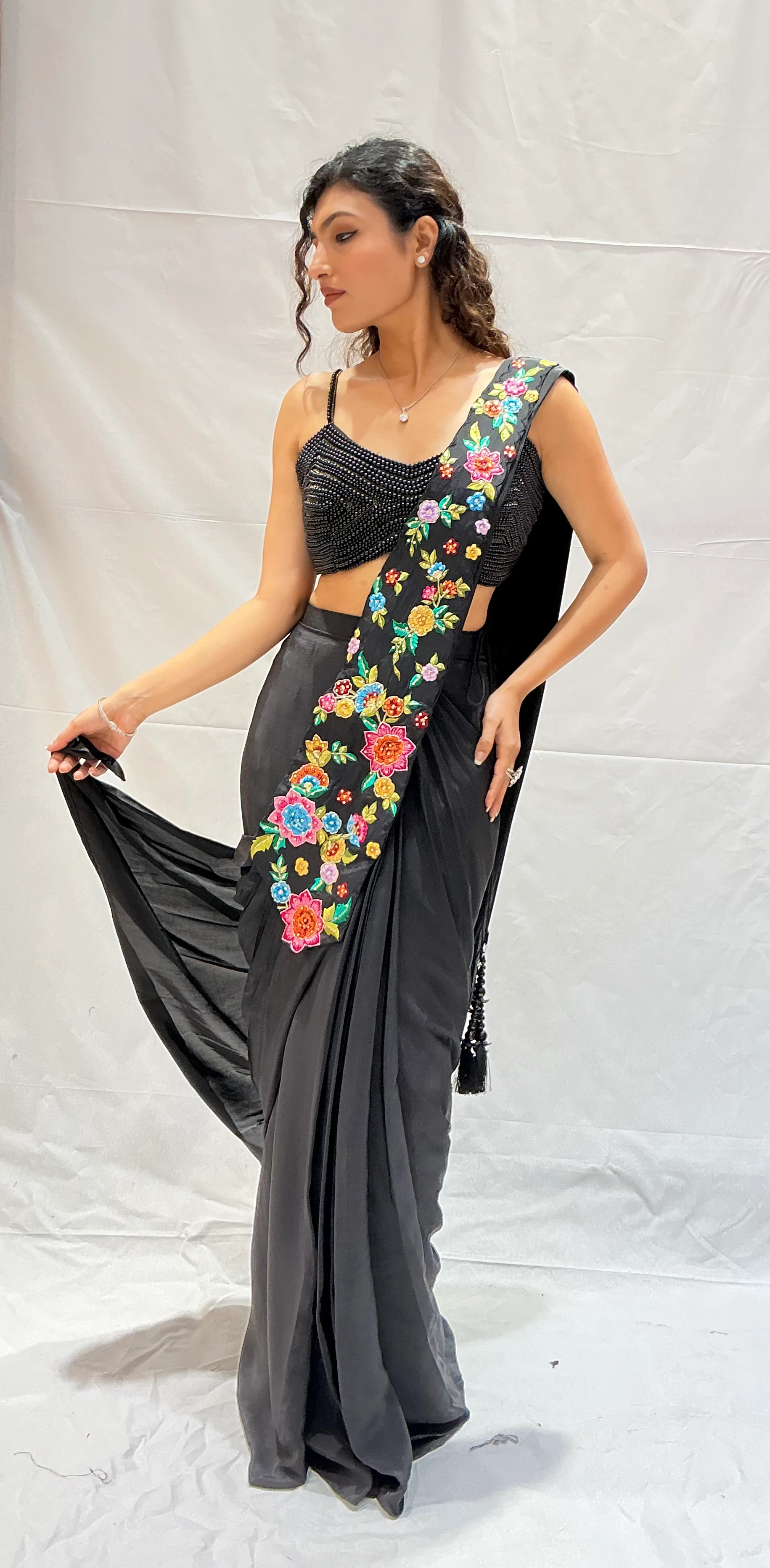 Classic Black Multicolor Floral Embroidered Designer Saree - Image 4