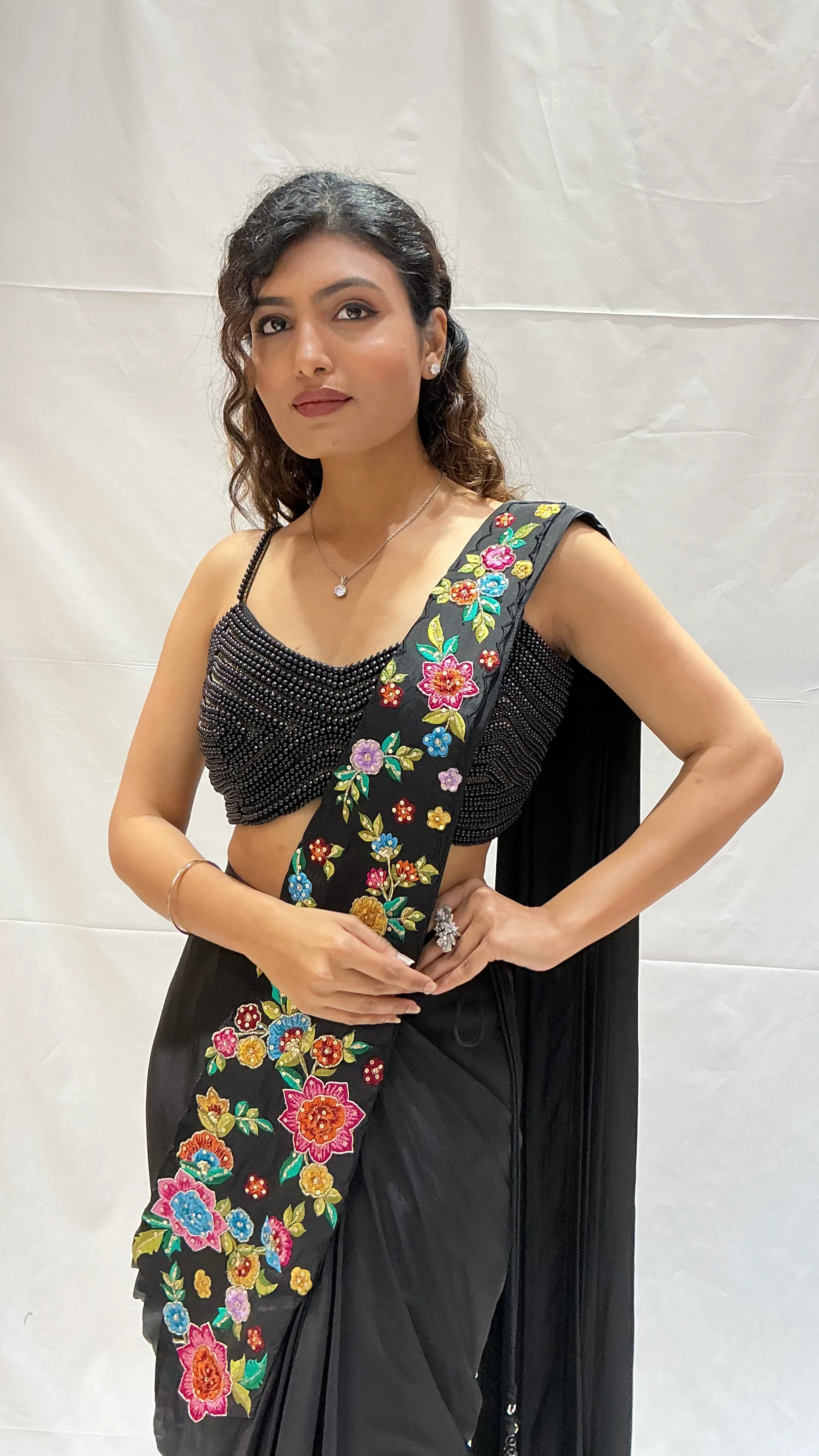 Classic Black Multicolor Floral Embroidered Designer Saree - Image 5