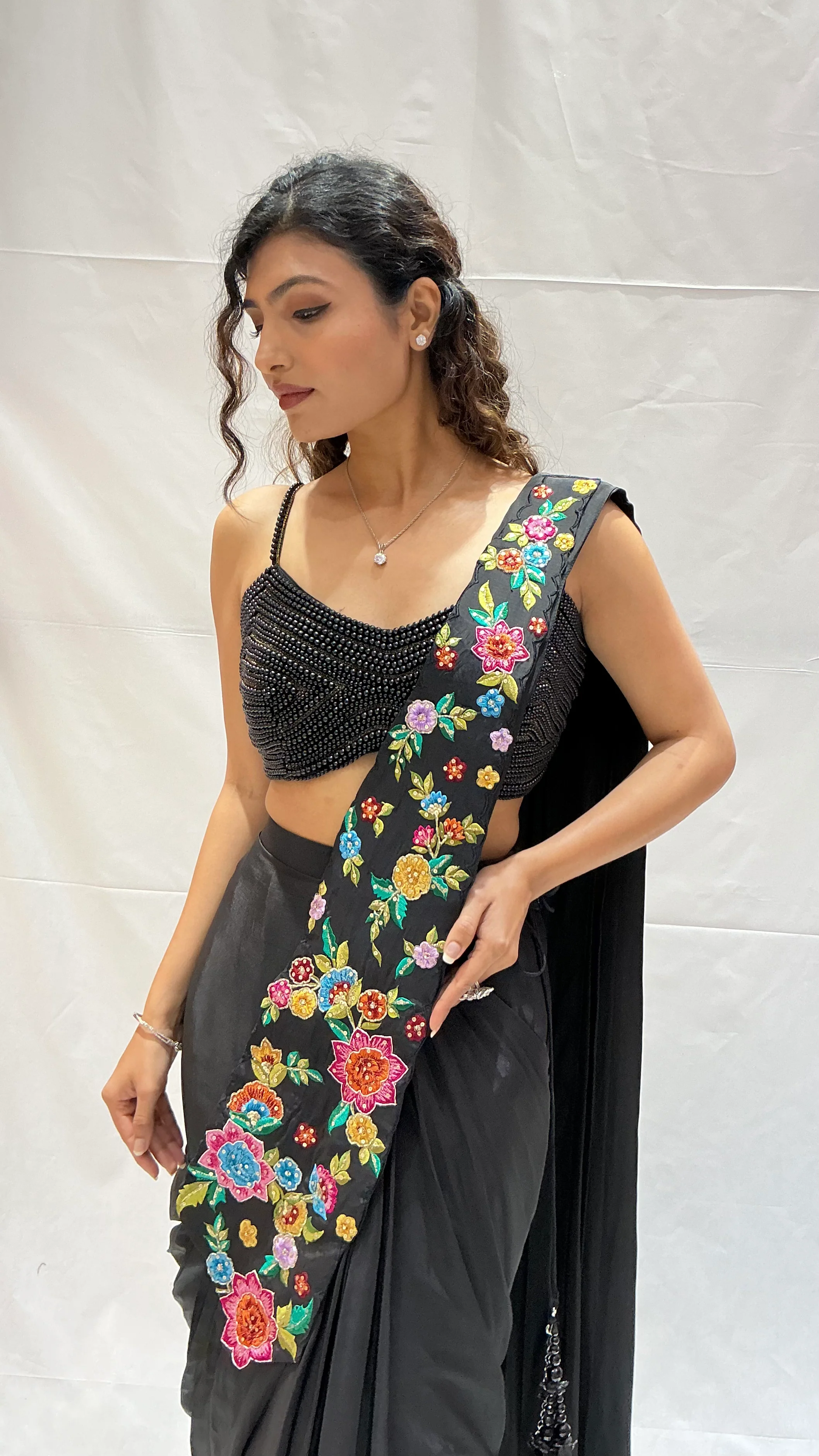 Classic Black Multicolor Floral Embroidered Designer Saree - Image 6