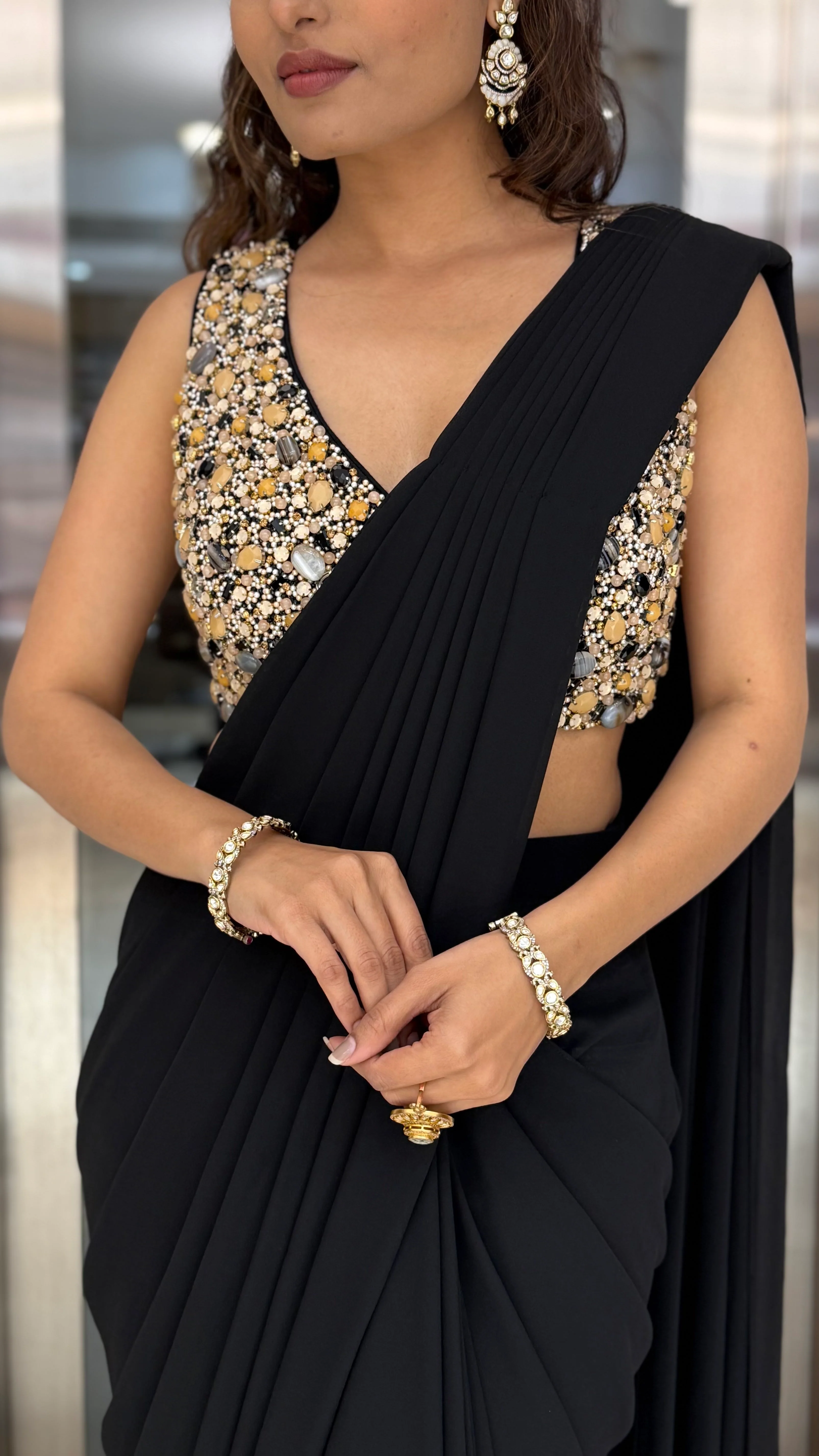 Classic Black Pre-Draped Saree with Gold Sequin Embellished Blouse - Image 2