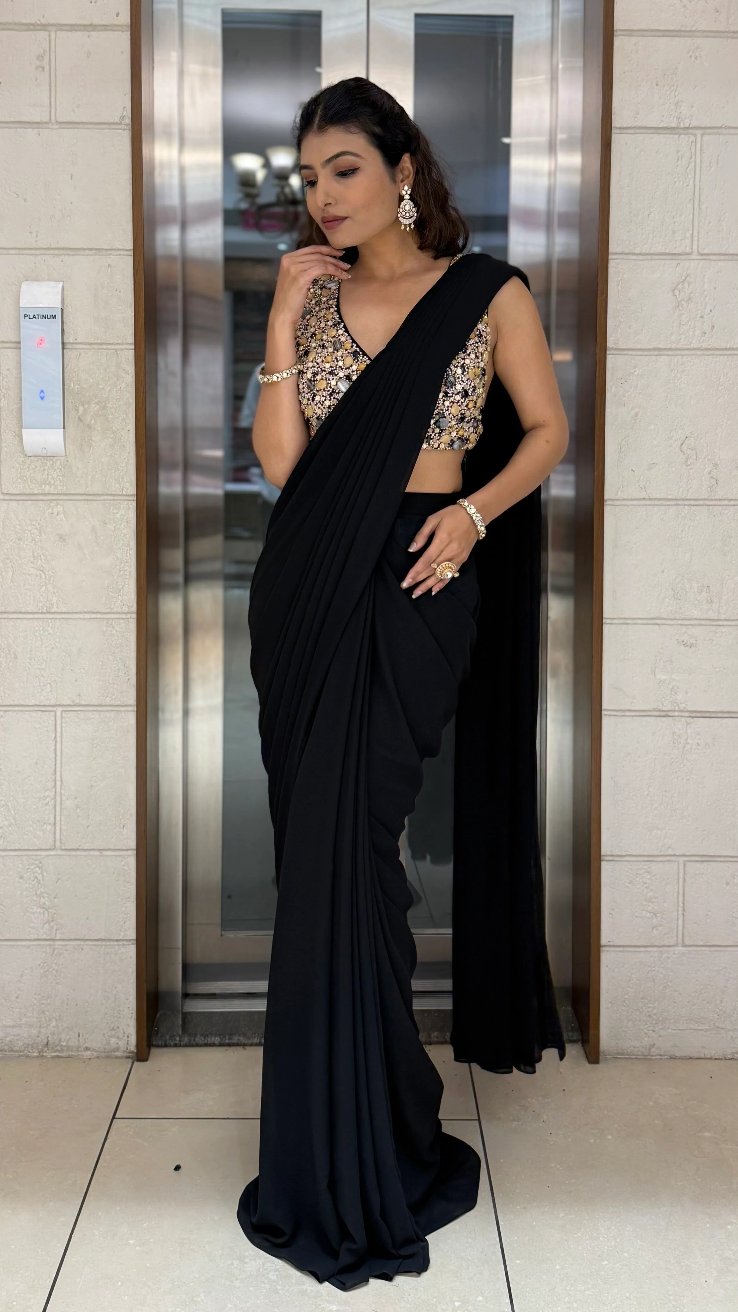 Classic Black Pre-Draped Saree with Gold Sequin Embellished Blouse - Image 3