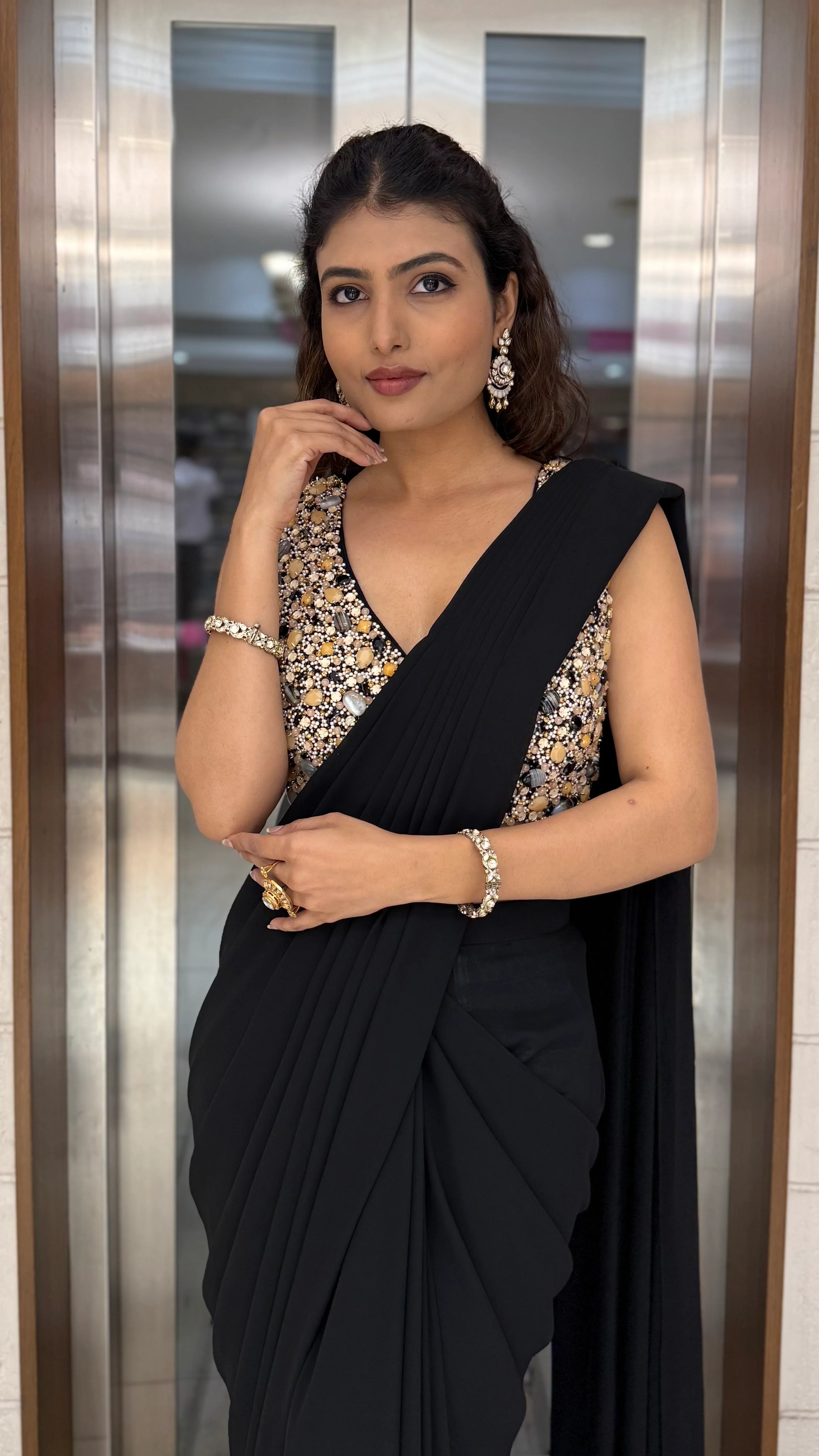 Classic Black Pre-Draped Saree with Gold Sequin Embellished Blouse - Image 4