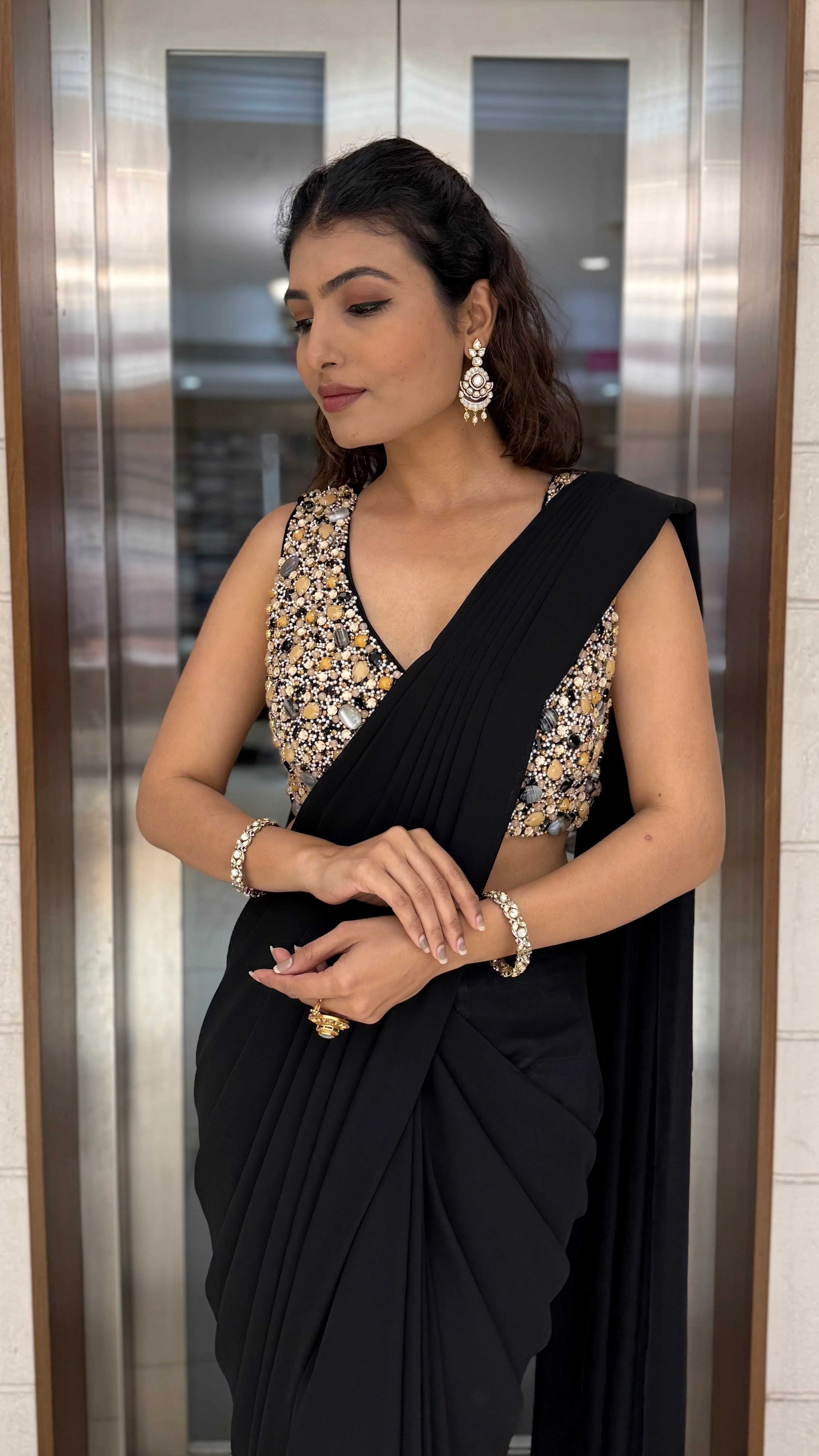 Classic Black Pre-Draped Saree with Gold Sequin Embellished Blouse - Image 5