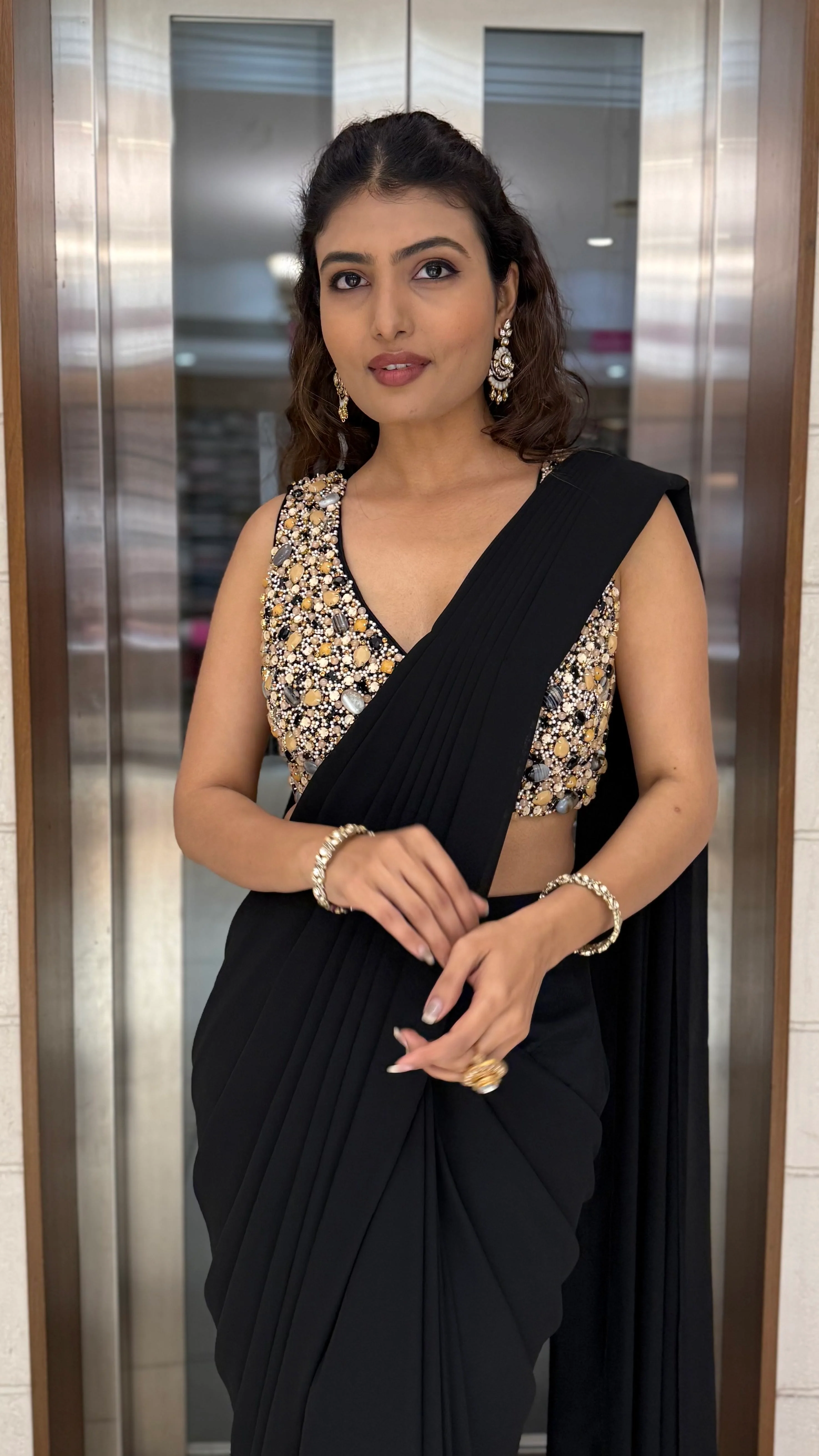 Classic Black Pre-Draped Saree with Gold Sequin Embellished Blouse - Image 6