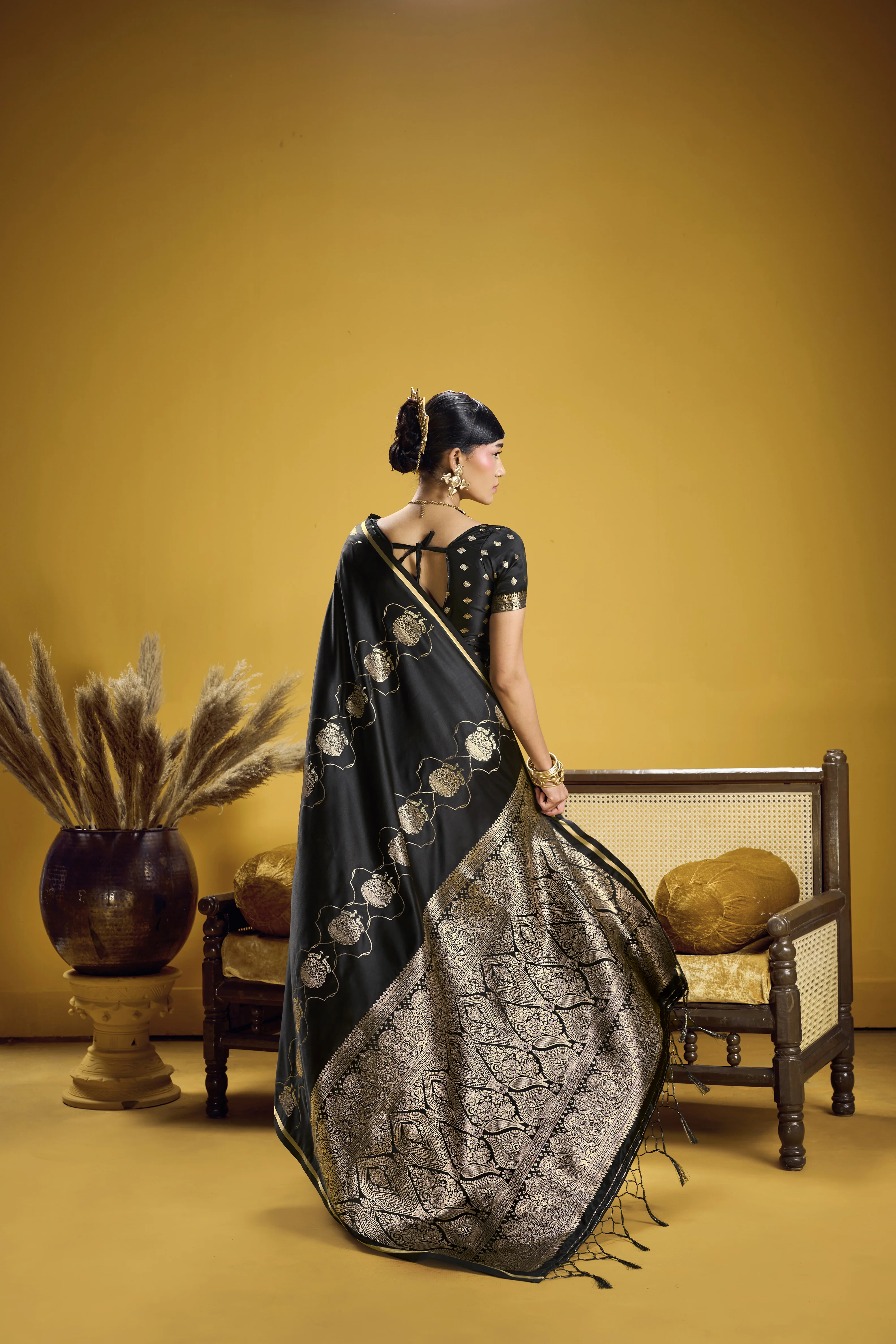 Classic Black Satin Handloom Saree with Rich Gold Woven Pallu - Image 3