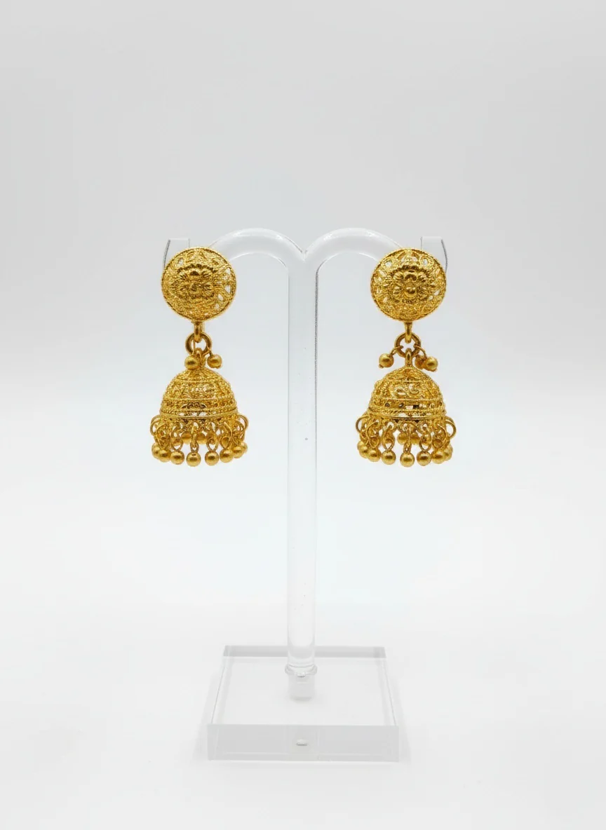 Classic Gold Bead Necklace Set with Jhumka Earrings – Traditional Filigree Design Jewelry - Image 2