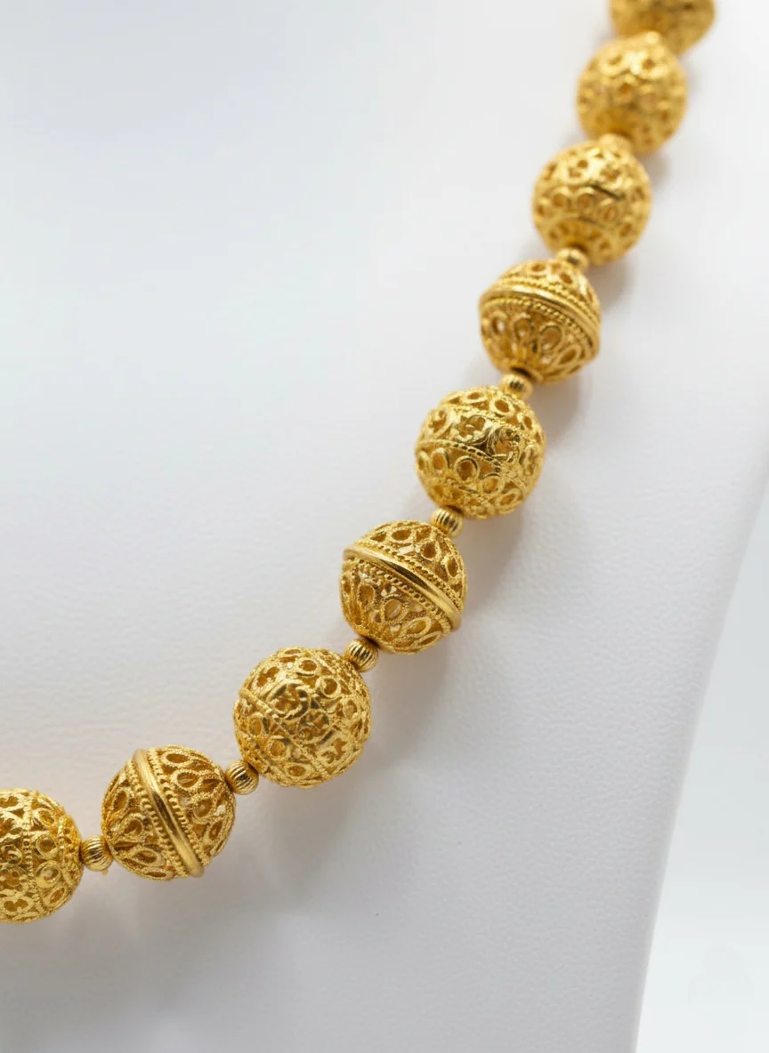 Classic Gold Bead Necklace Set with Jhumka Earrings – Traditional Filigree Design Jewelry - Image 3
