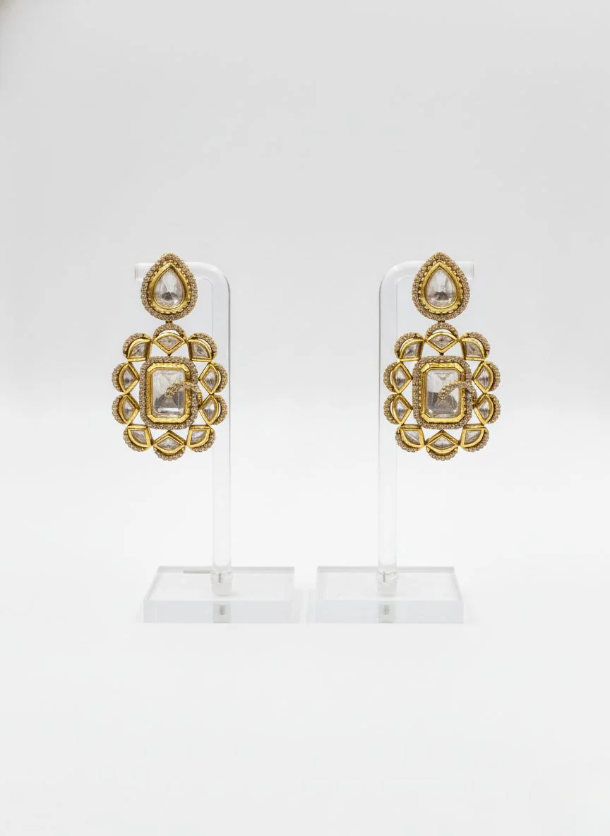 Classic Gold Polki Kundan Layered Necklace Set with Statement Earrings - Image 2