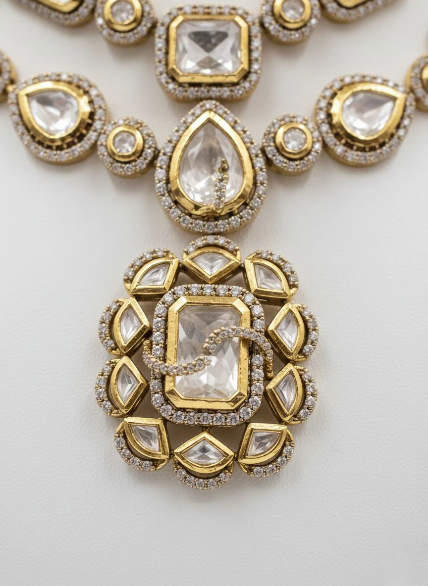 Classic Gold Polki Kundan Layered Necklace Set with Statement Earrings - Image 3
