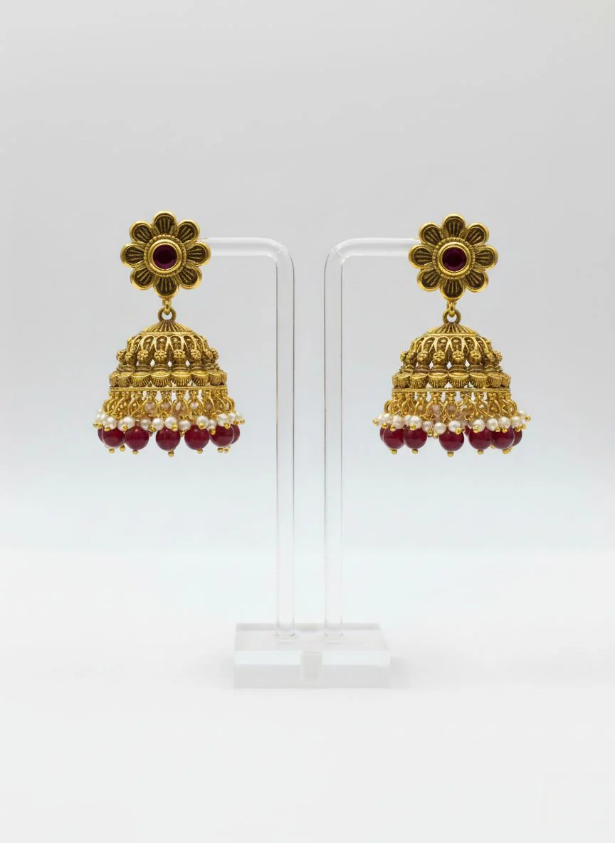 Classic Kundan & Pearl Temple Necklace Set with Ruby Droplets - Image 2