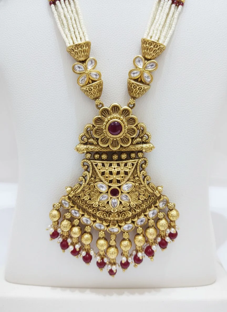 Classic Kundan & Pearl Temple Necklace Set with Ruby Droplets - Image 3