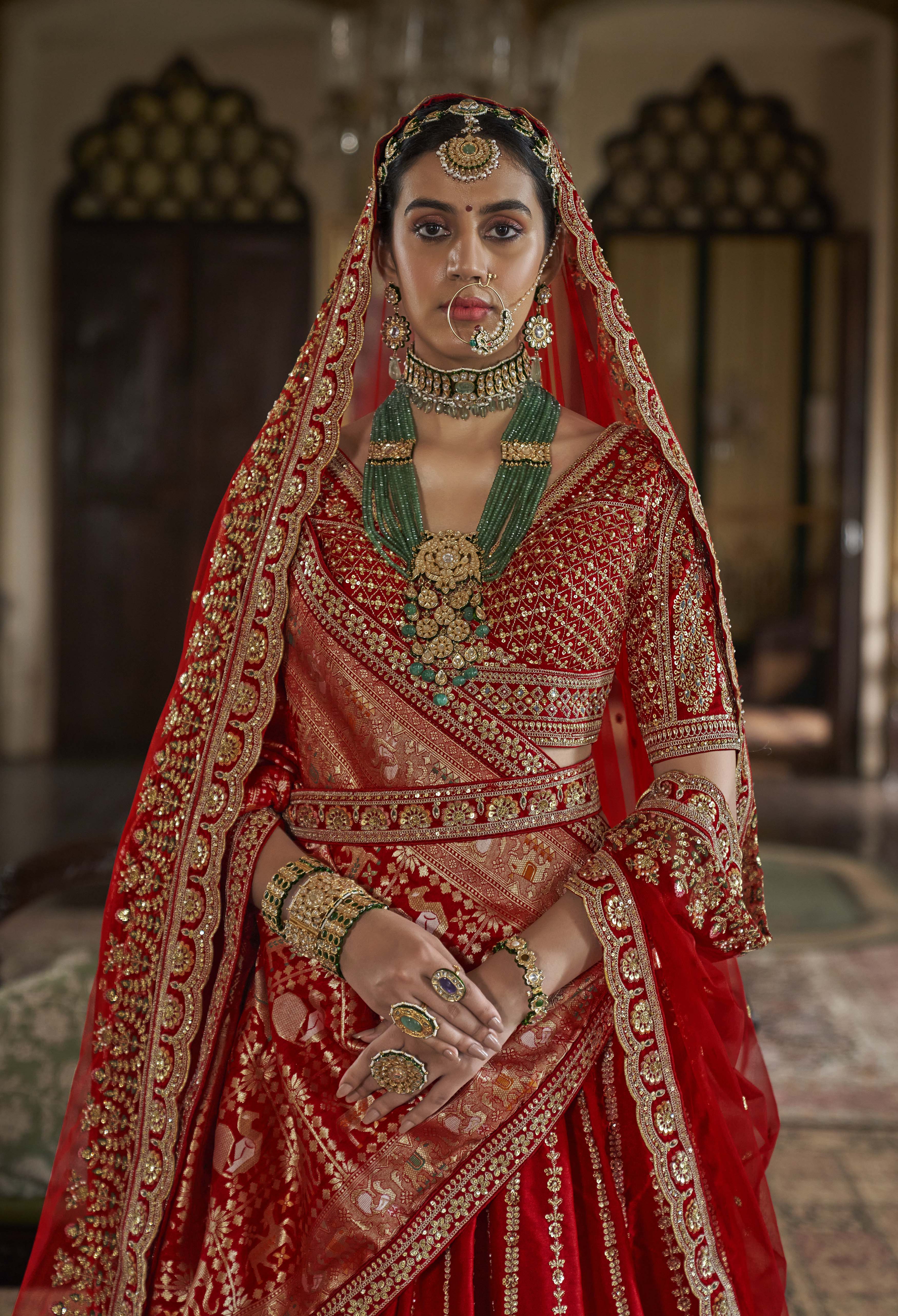 Classic Red Bridal Lehenga with Double Dupatta & Heavy Zari-Resham Embroidery - Image 2