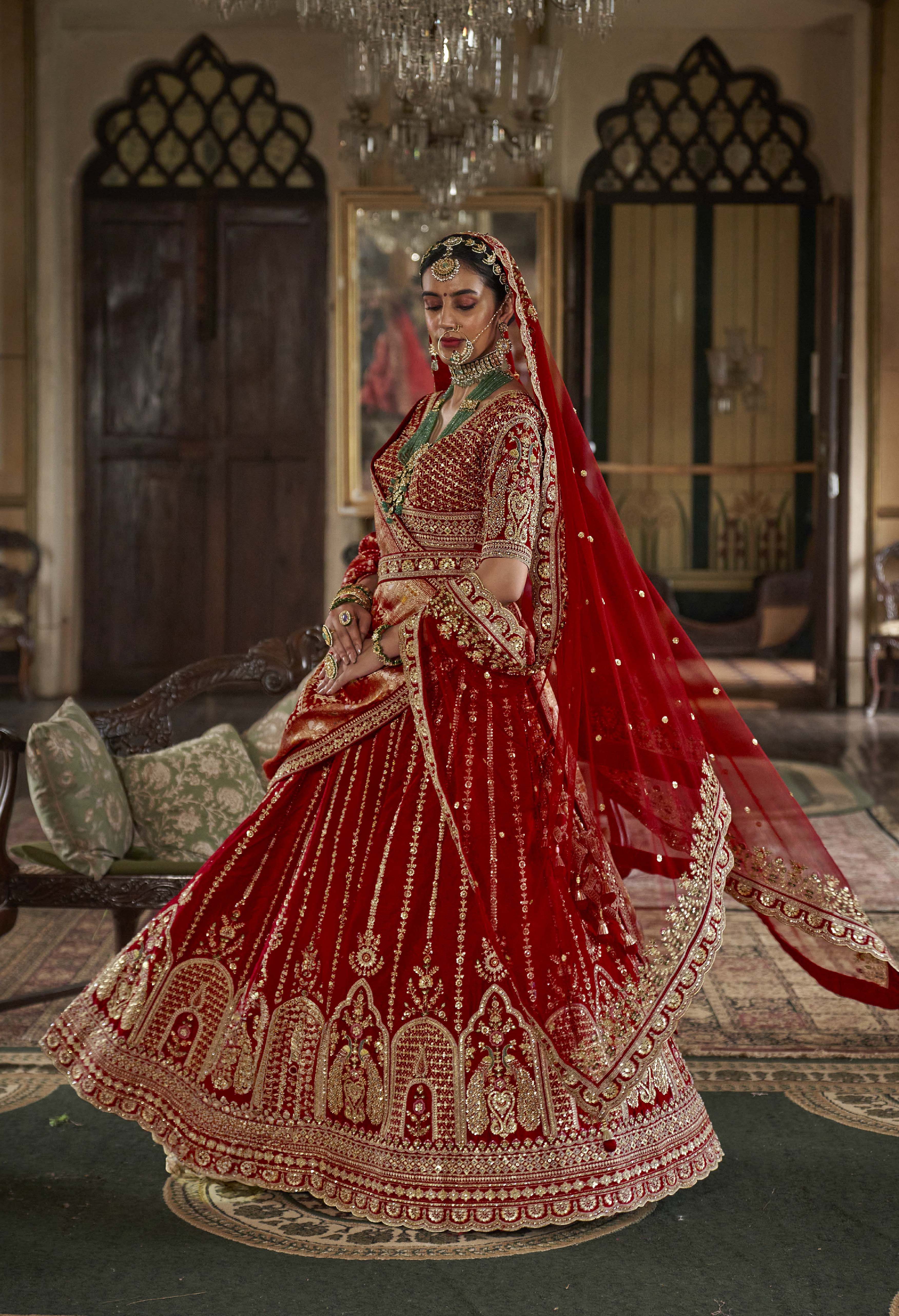 Classic Red Bridal Lehenga with Double Dupatta & Heavy Zari-Resham Embroidery - Image 3