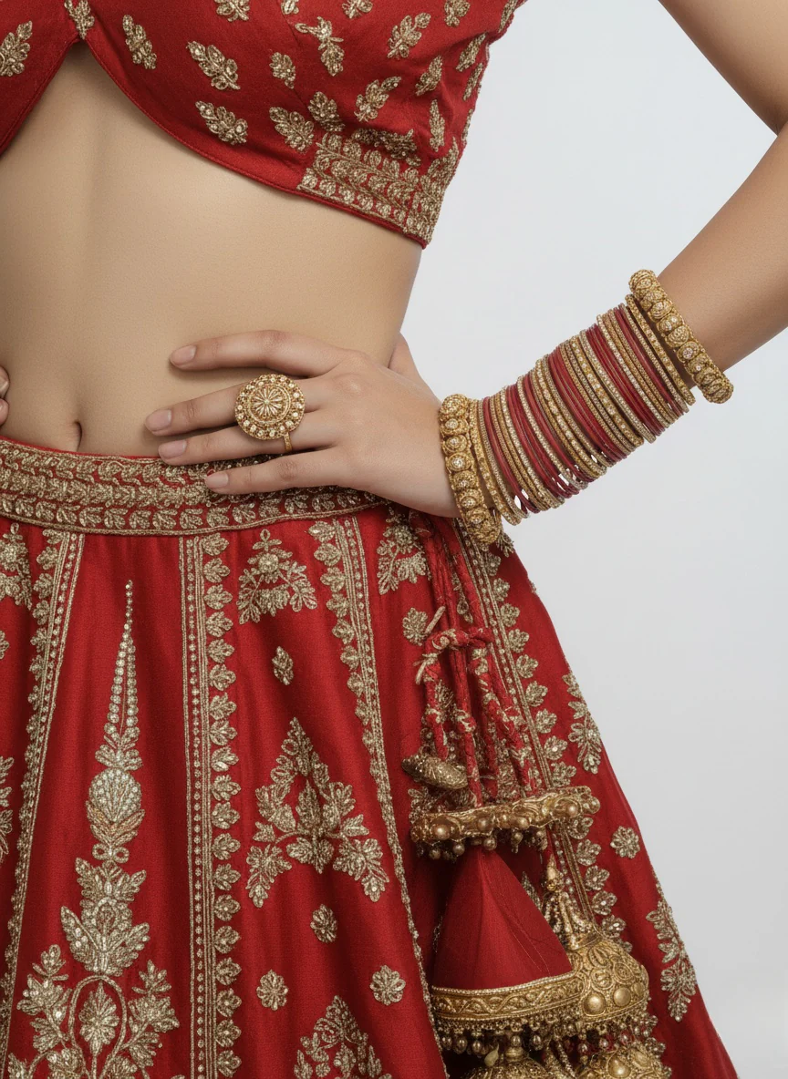 Classic Red Bridal Lehenga with Heavy Gold Zari & Temple Motif Embroidery - Image 3