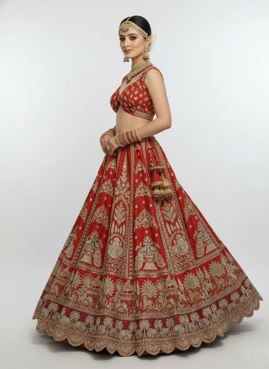 Classic Red Bridal Lehenga with Heavy Gold Zari & Temple Motif Embroidery - Image 4