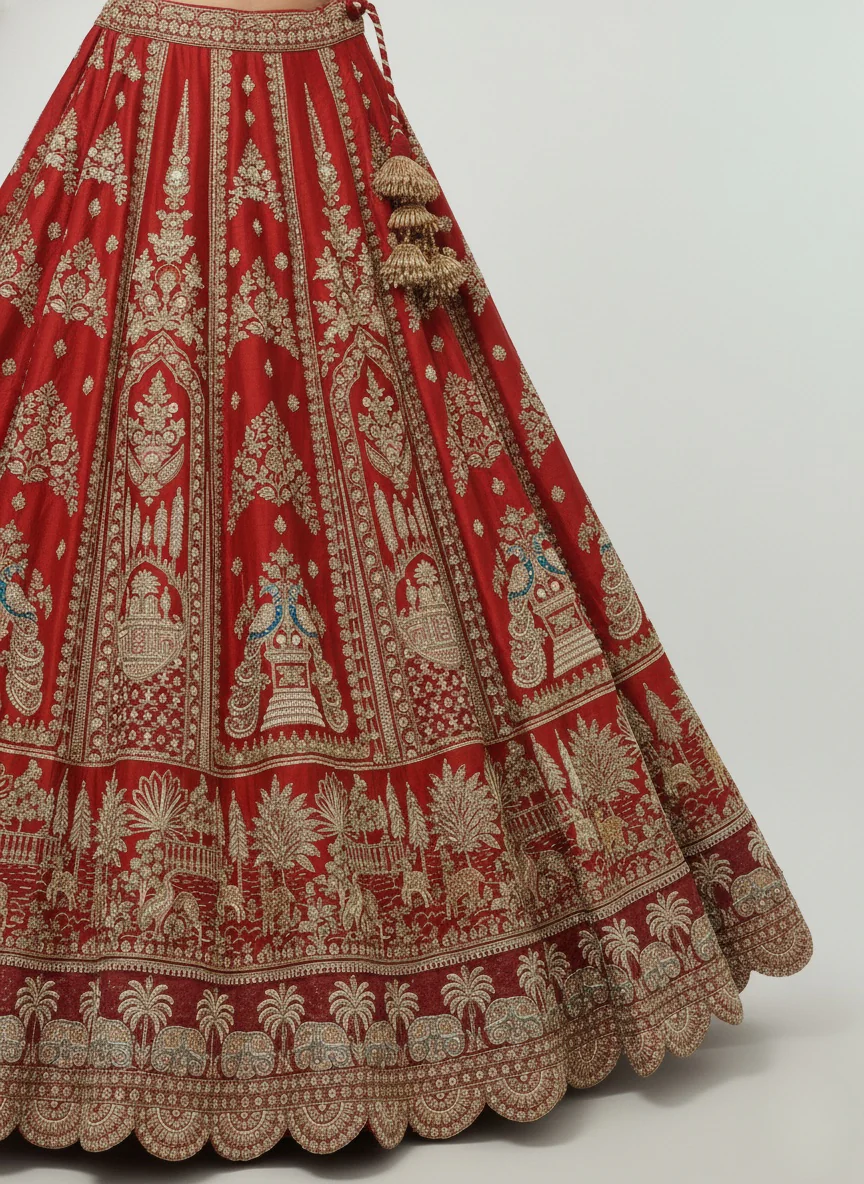 Classic Red Bridal Lehenga with Heavy Gold Zari & Temple Motif Embroidery - Image 5