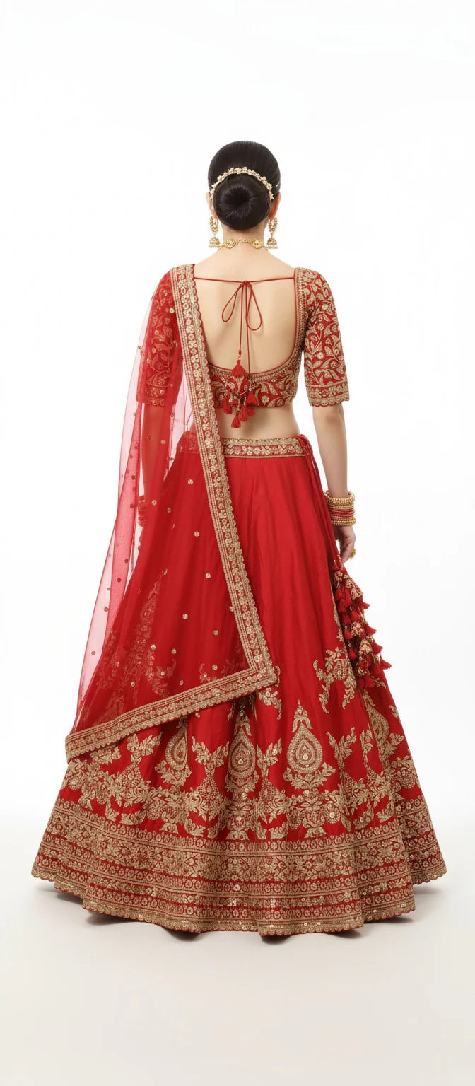 Classic Red Handcrafted Bridal Silk Lehenga with Antique Zari & Sequins Embroidery - Image 13