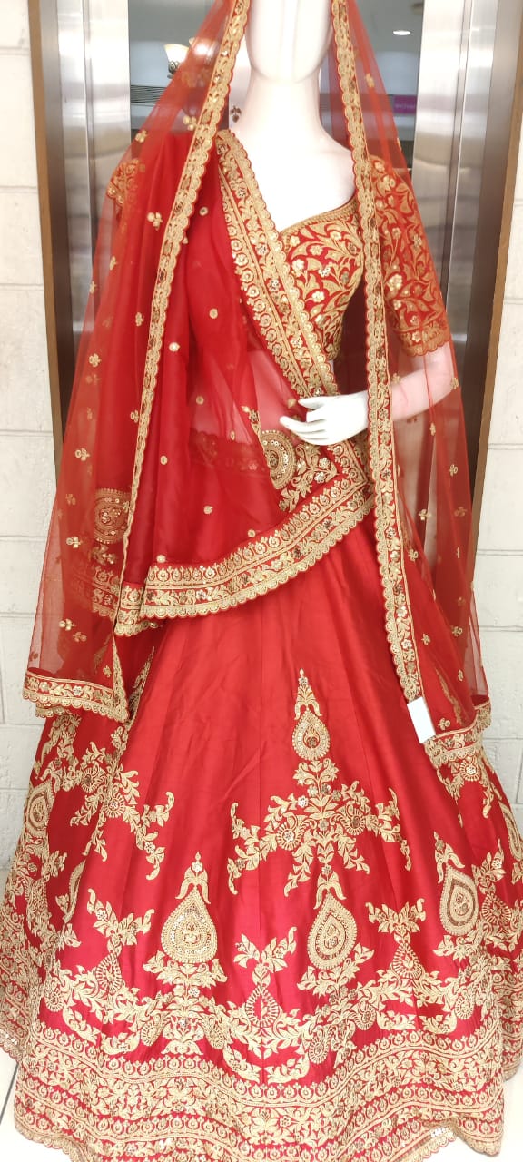 Classic Red Handcrafted Bridal Silk Lehenga with Antique Zari & Sequins Embroidery - Image 14