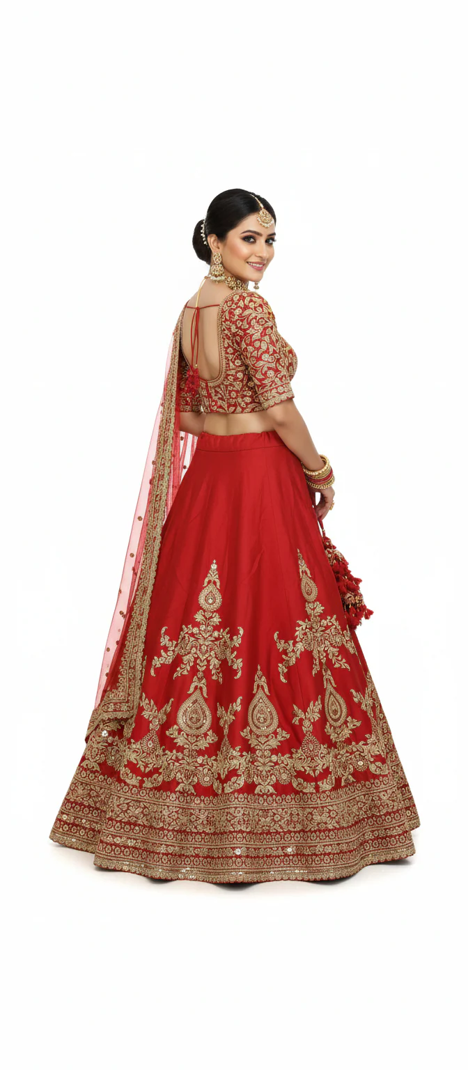 Classic Red Handcrafted Bridal Silk Lehenga with Antique Zari & Sequins Embroidery - Image 4