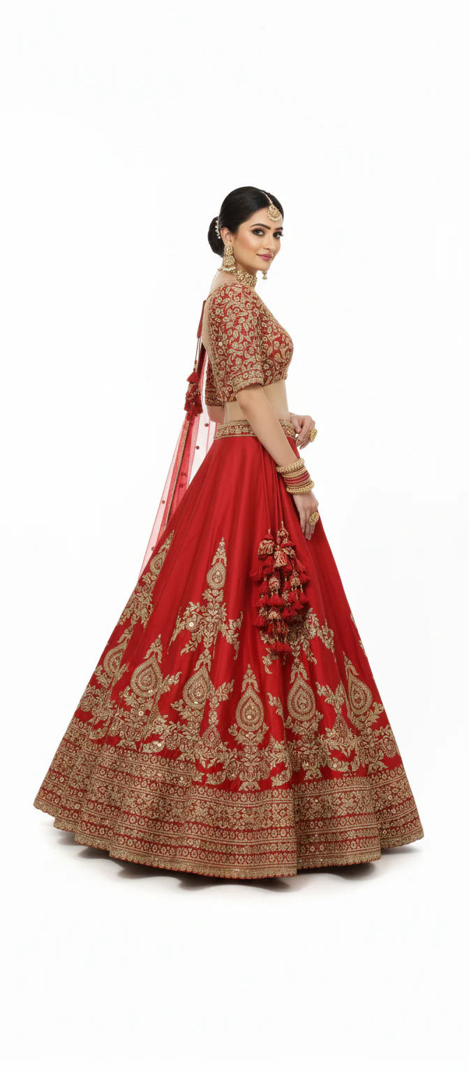 Classic Red Handcrafted Bridal Silk Lehenga with Antique Zari & Sequins Embroidery - Image 5