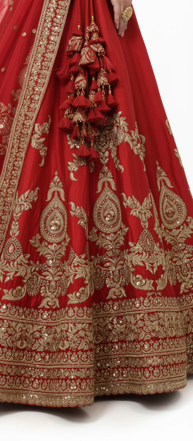 Classic Red Handcrafted Bridal Silk Lehenga with Antique Zari & Sequins Embroidery - Image 6