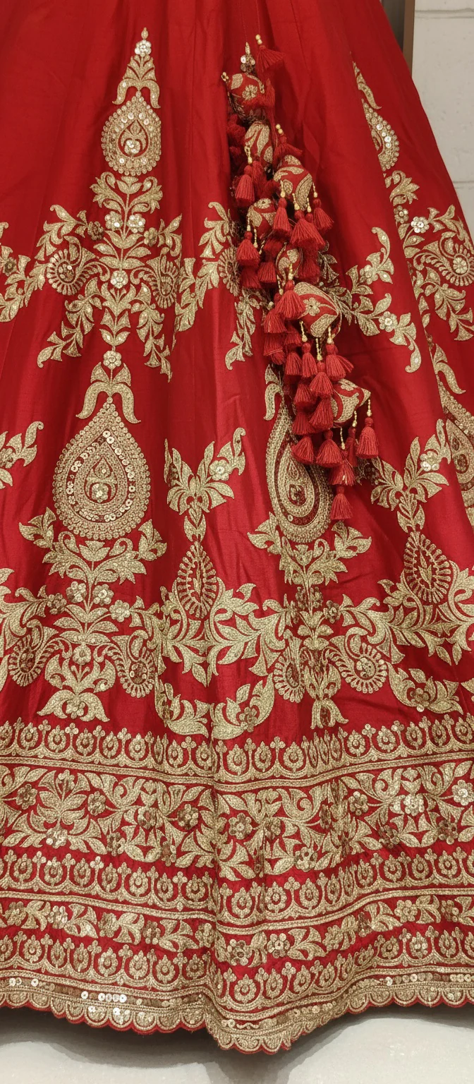 Classic Red Handcrafted Bridal Silk Lehenga with Antique Zari & Sequins Embroidery - Image 7