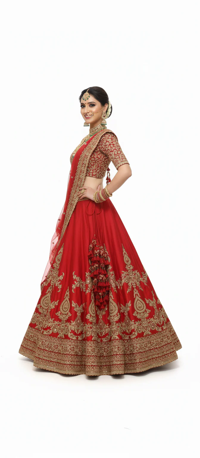 Classic Red Handcrafted Bridal Silk Lehenga with Antique Zari & Sequins Embroidery - Image 8