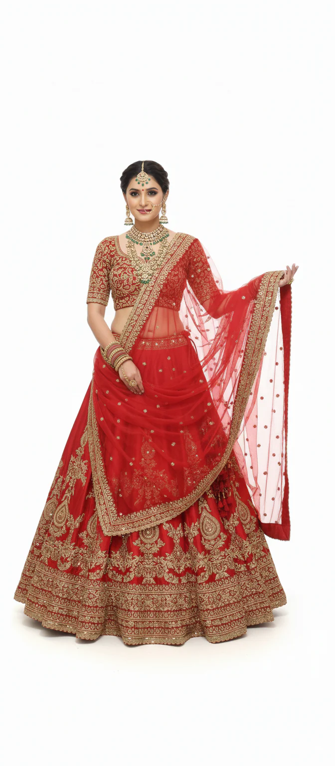 Classic Red Handcrafted Bridal Silk Lehenga with Antique Zari & Sequins Embroidery - Image 9