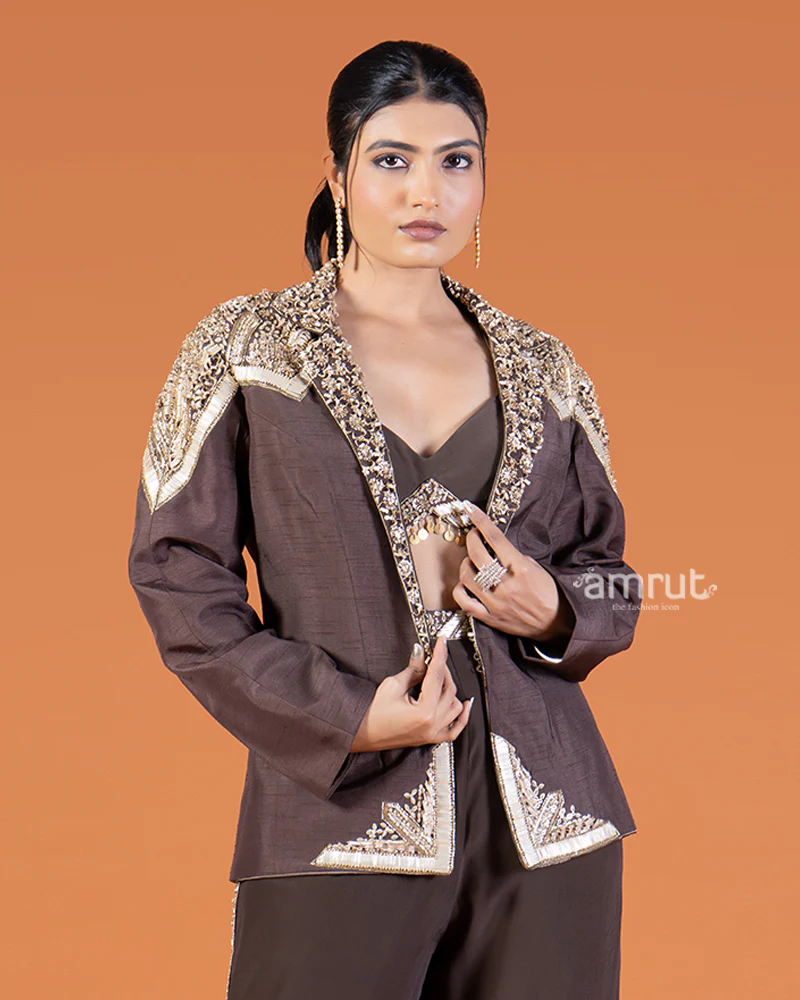 Coffee Crop Top and Pants with Golden Embroidered Embellished Jacket Set - Image 2