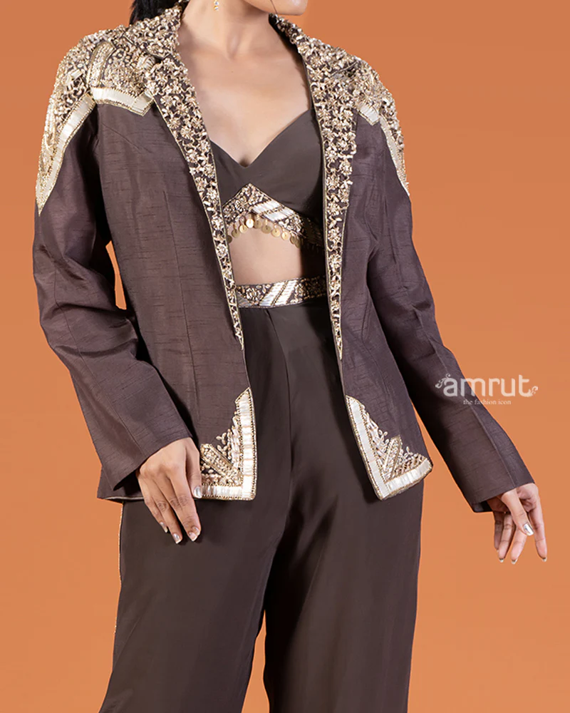 Coffee Crop Top and Pants with Golden Embroidered Embellished Jacket Set - Image 3
