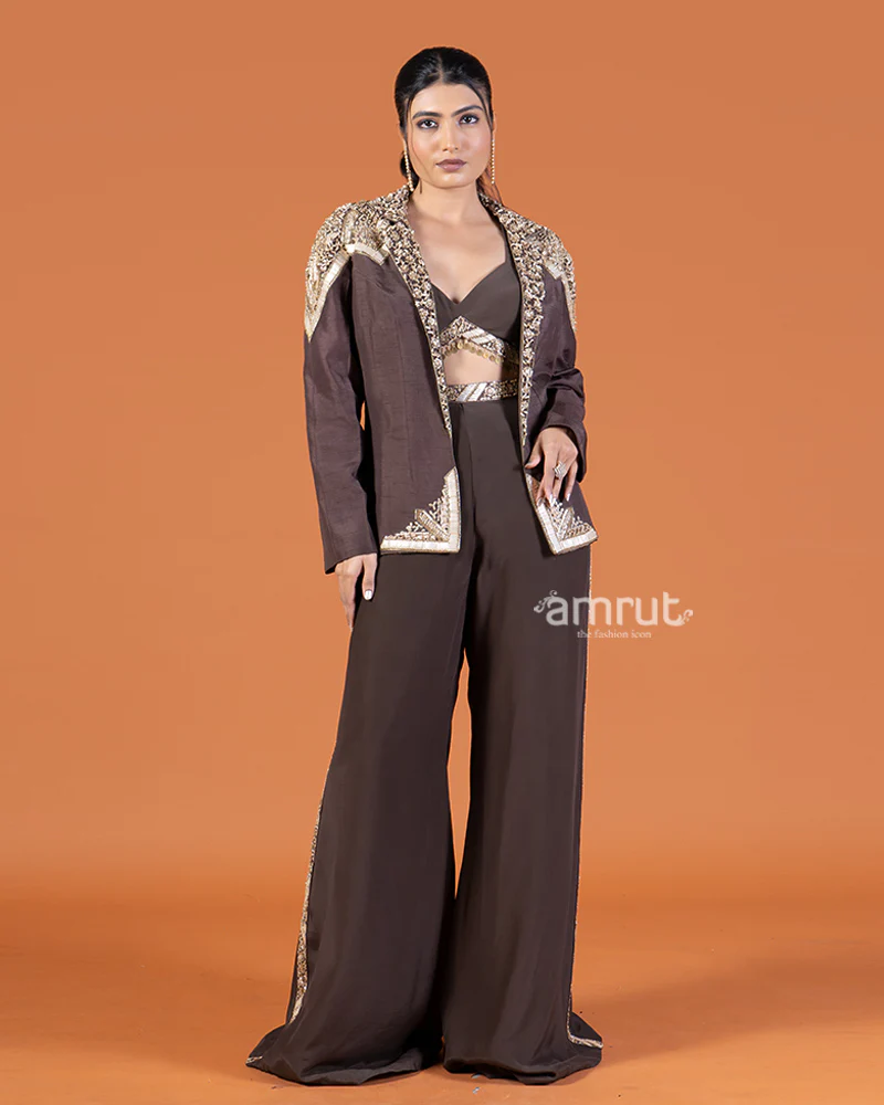 Coffee Crop Top and Pants with Golden Embroidered Embellished Jacket Set - Image 4