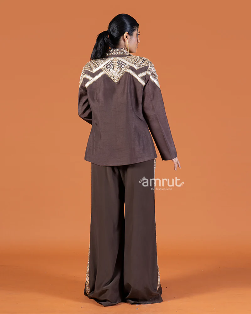 Coffee Crop Top and Pants with Golden Embroidered Embellished Jacket Set - Image 5
