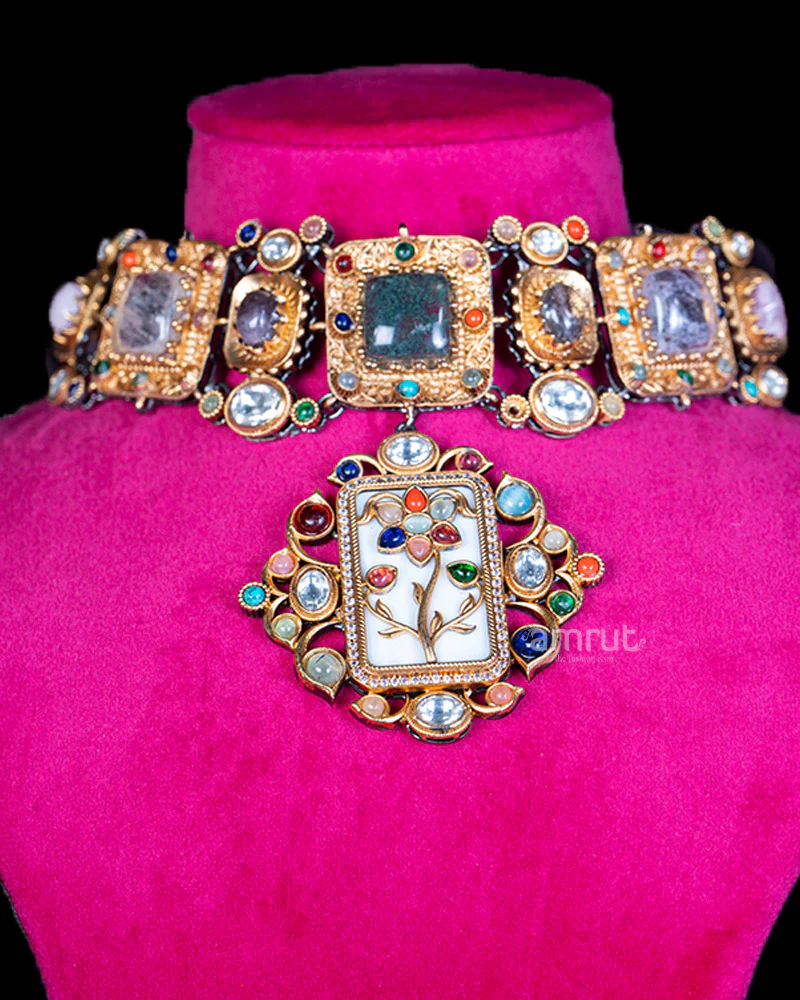 Colorful Gemstone Choker Necklace with Earrings - Image 2