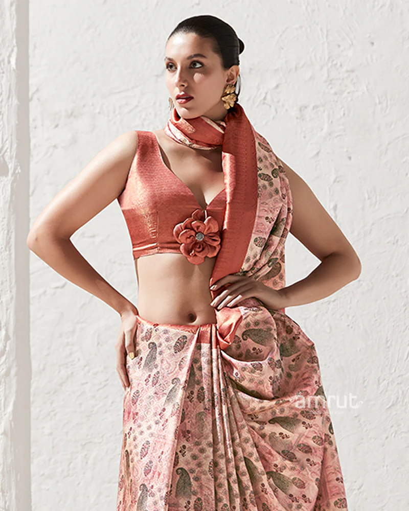 Copper Rust Floral-Print Brownish Pink Silk Saree with Unstitched Blouse - Image 2